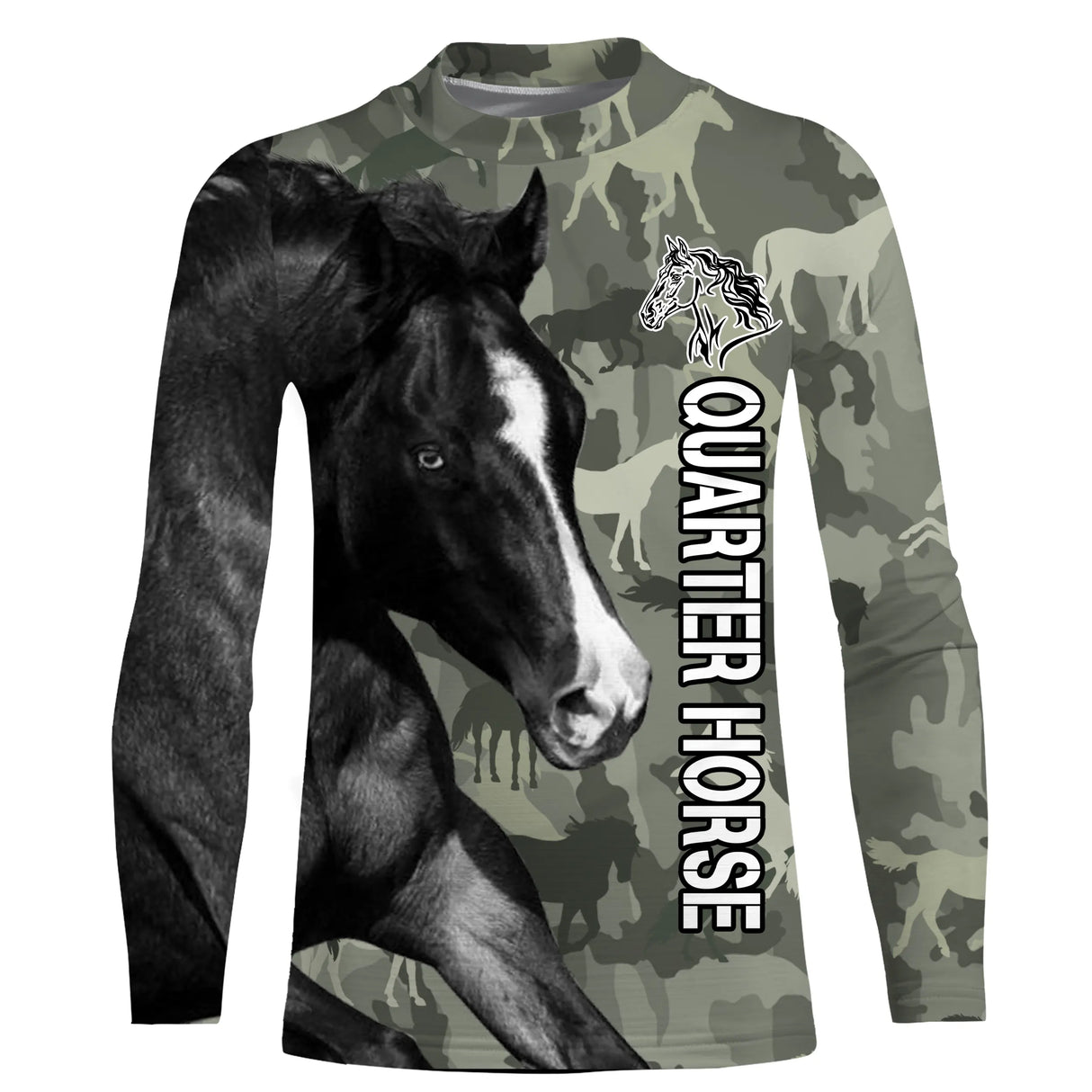 T-shirt cheval Quarter Horse all-over camouflage forêt vert motif Quarter Horse noir cavalier western