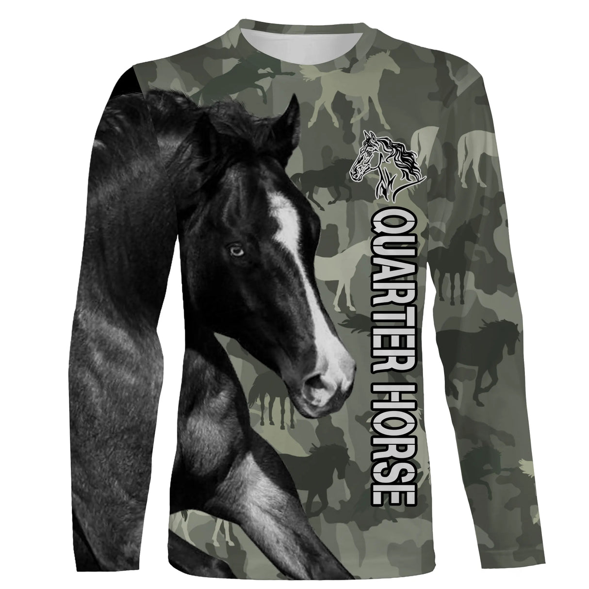 Sweat zippé cheval Quarter Horse all-over camouflage forêt motif Quarter Horse noir cavalier race américaine