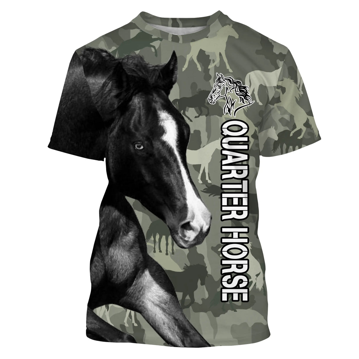 Sweat capuche cheval Quarter Horse all-over camouflage vert motif Quarter Horse noir cavalier western reining