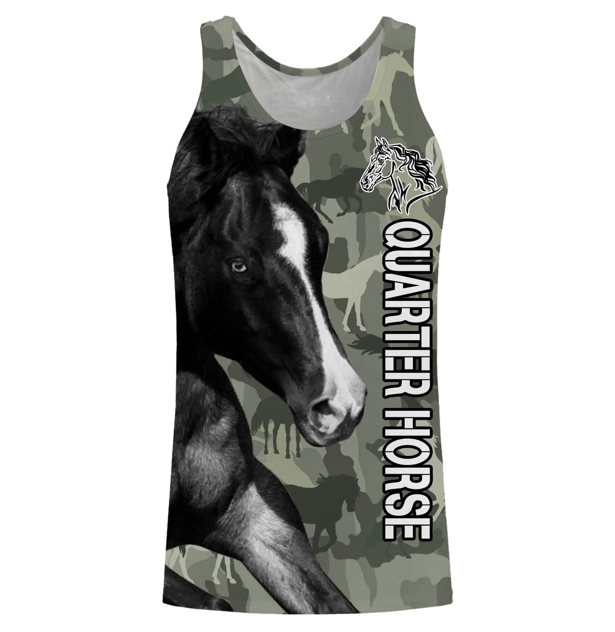 Hoodie cheval Quarter Horse all-over camouflage forêt vert motif Quarter Horse noir gros plan cavalier reining