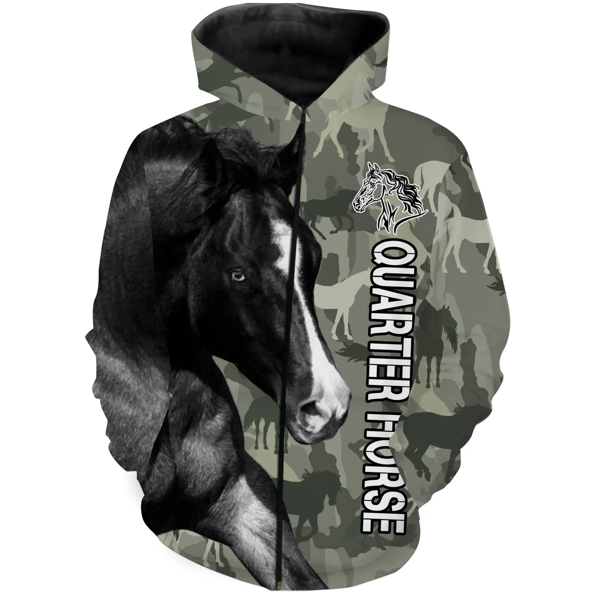 Sweat amoureux cheval Quarter Horse all-over camouflage forêt vert motif Quarter Horse noir cavalier western