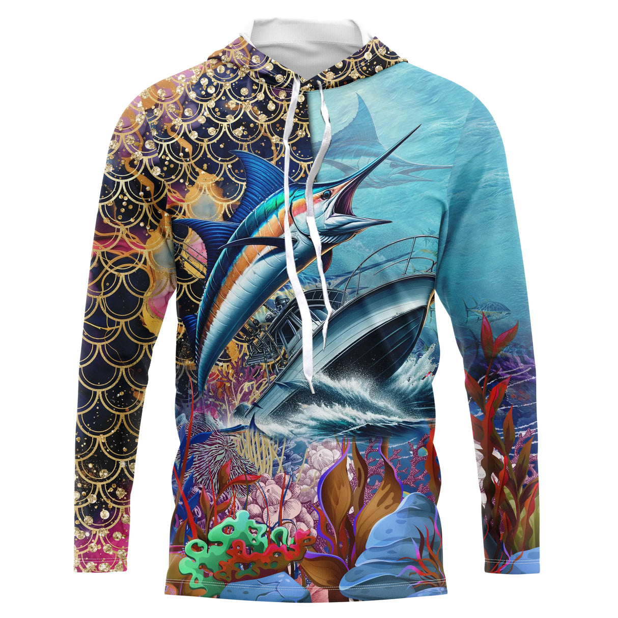 Sweat UV à capuche pêche marlin peau iridescente récif corallien tropical prénom personnalisé, vue de face