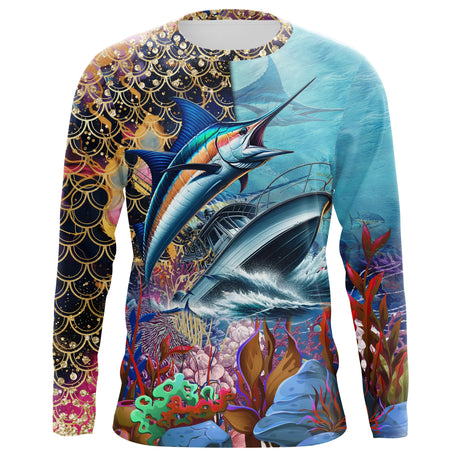 Pêche En Mer, Pêche Au Marlin, Bateau De Pêche, Cadeau Pêcheur, Peau Du Marlin, Personnaliser - VEPEMA003 Anti UV T-shirt Manches Longues Unisexe