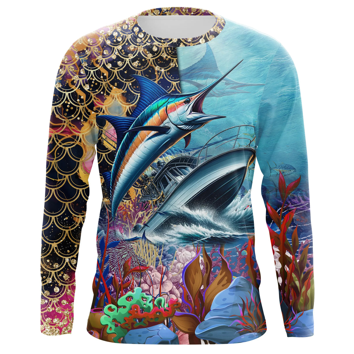Maillot UV manches longues pêche marlin peau iridescente récif corail prénom personnalisé