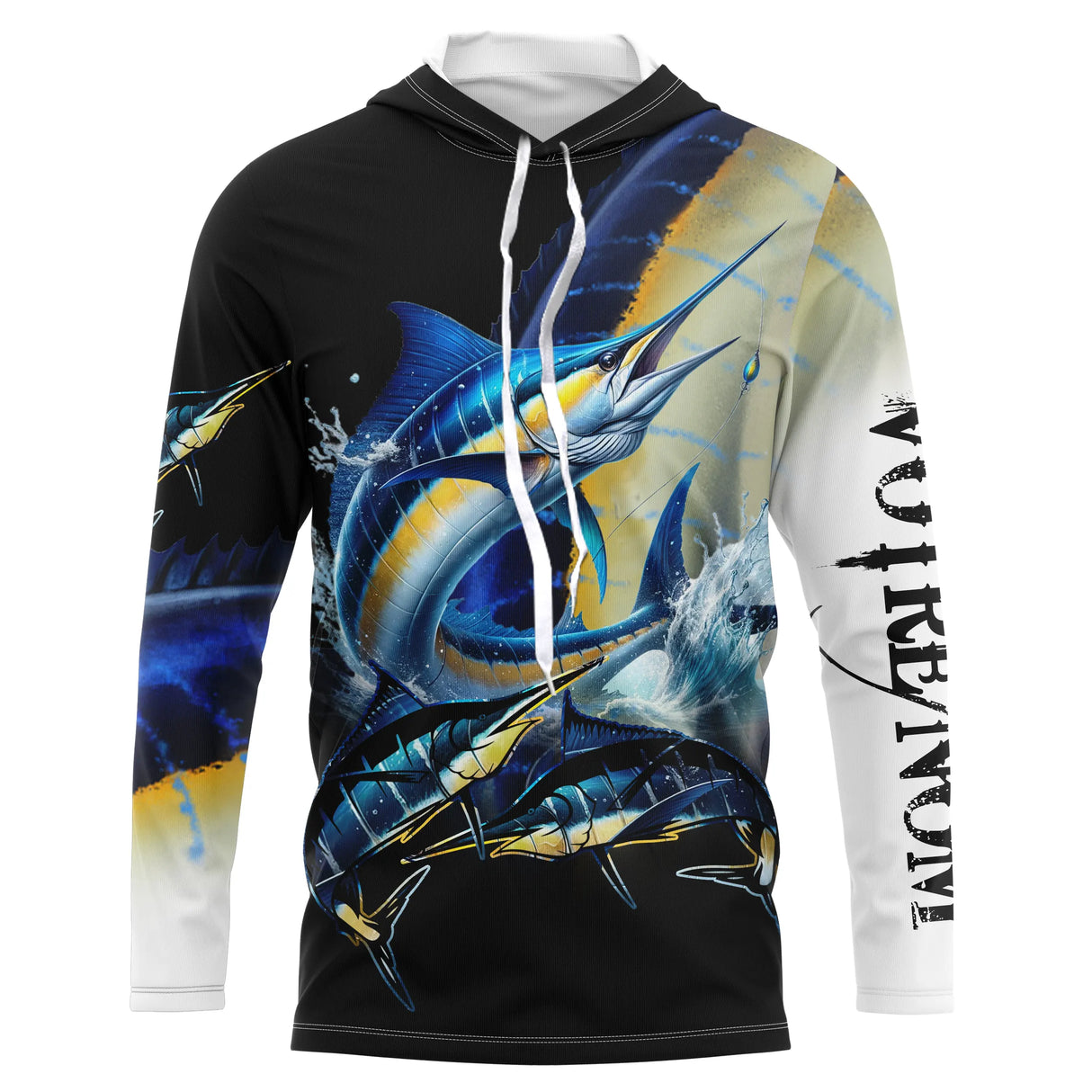 Sweat UV à capuche pêche marlin attaquant leurre traîne lente noir océan prénom personnalisé, vue de face