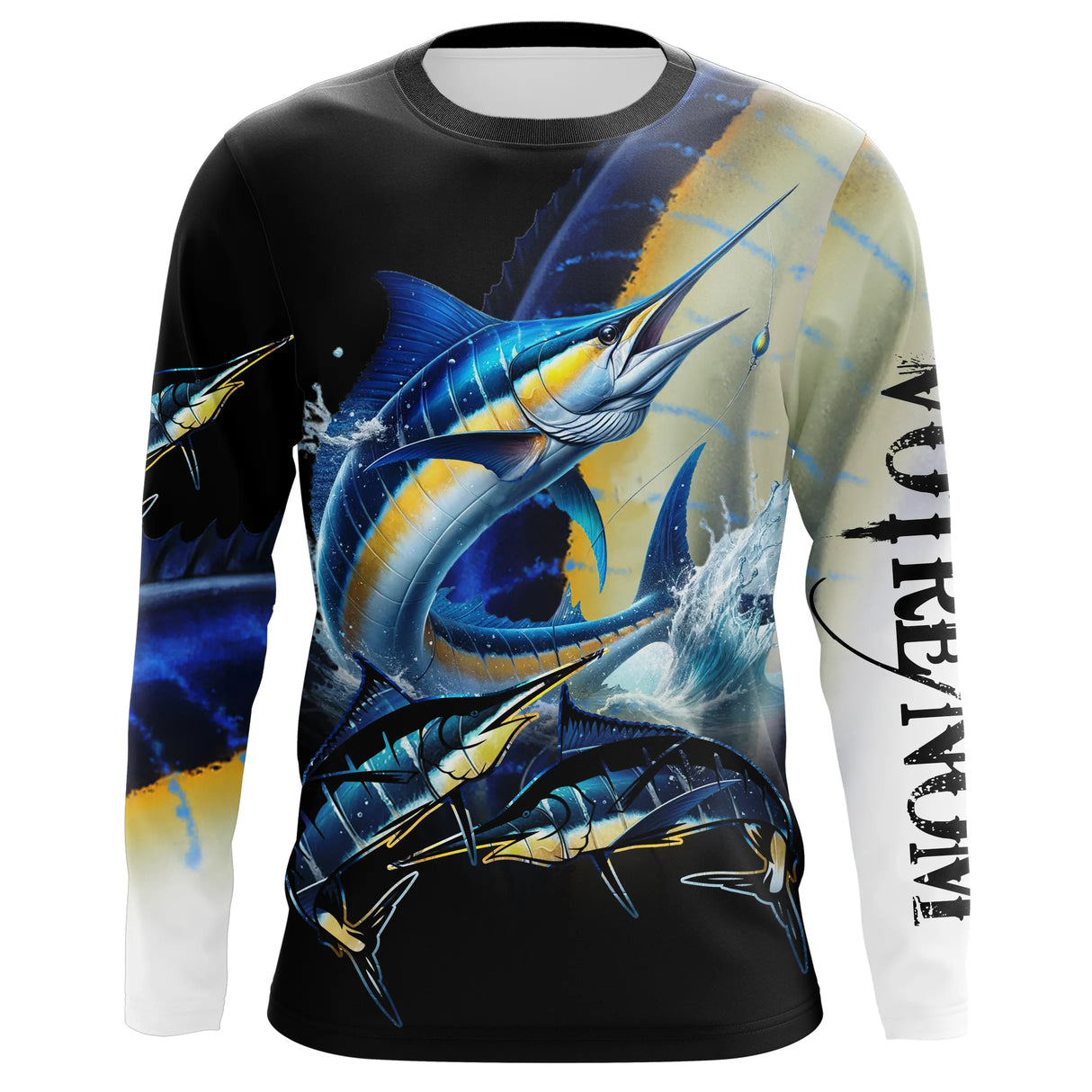 Maillot UV manches longues pêche marlin leurre traîne noir océan prénom personnalisé