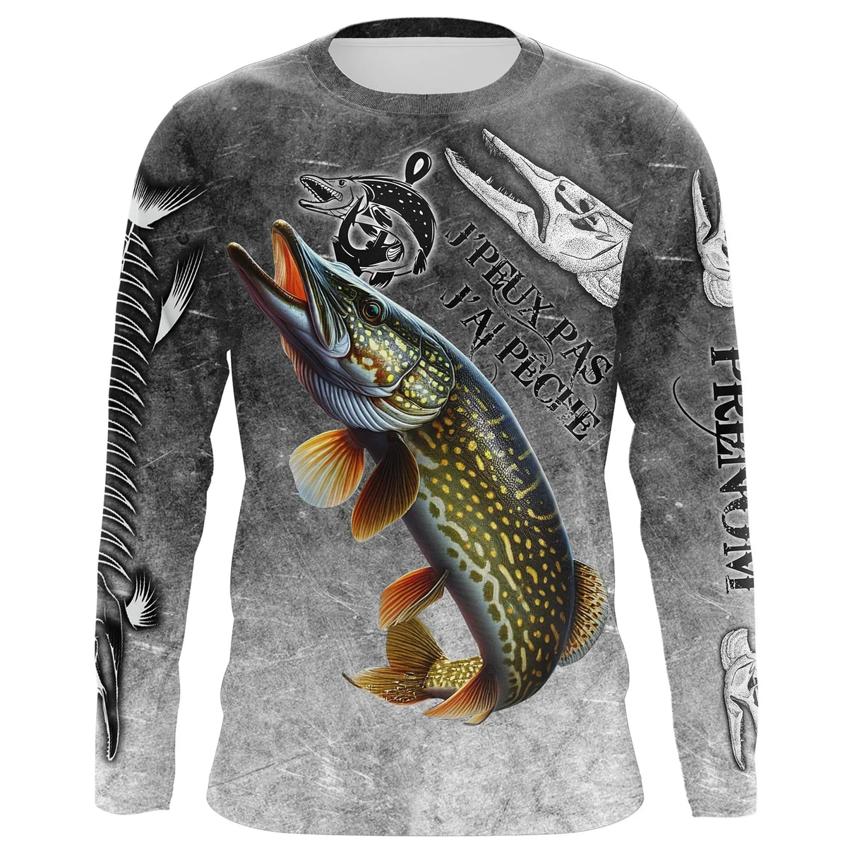 Maillot UV manches longues pêche brochet tatouage gris béton prénom personnalisé