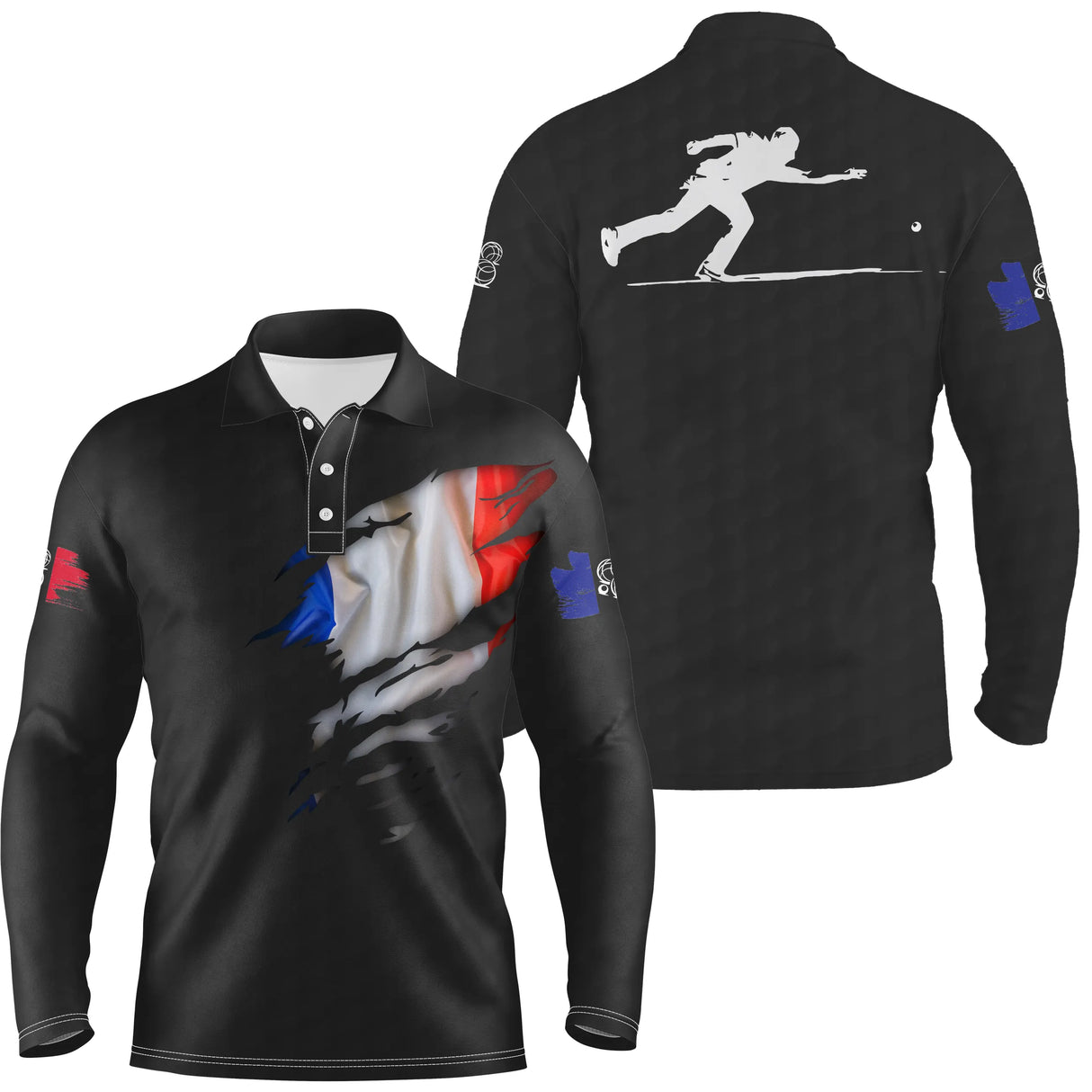 Polo pétanque blanc vue trois quarts drapeau tricolore silhouette bouliste élégant raffiné