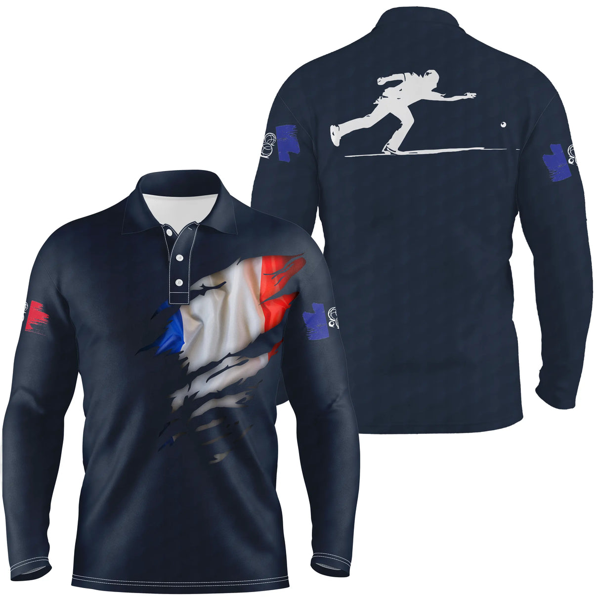 Polo pétanque blanc détail texture golf-ball drapeau français déchiré bouliste tricolore
