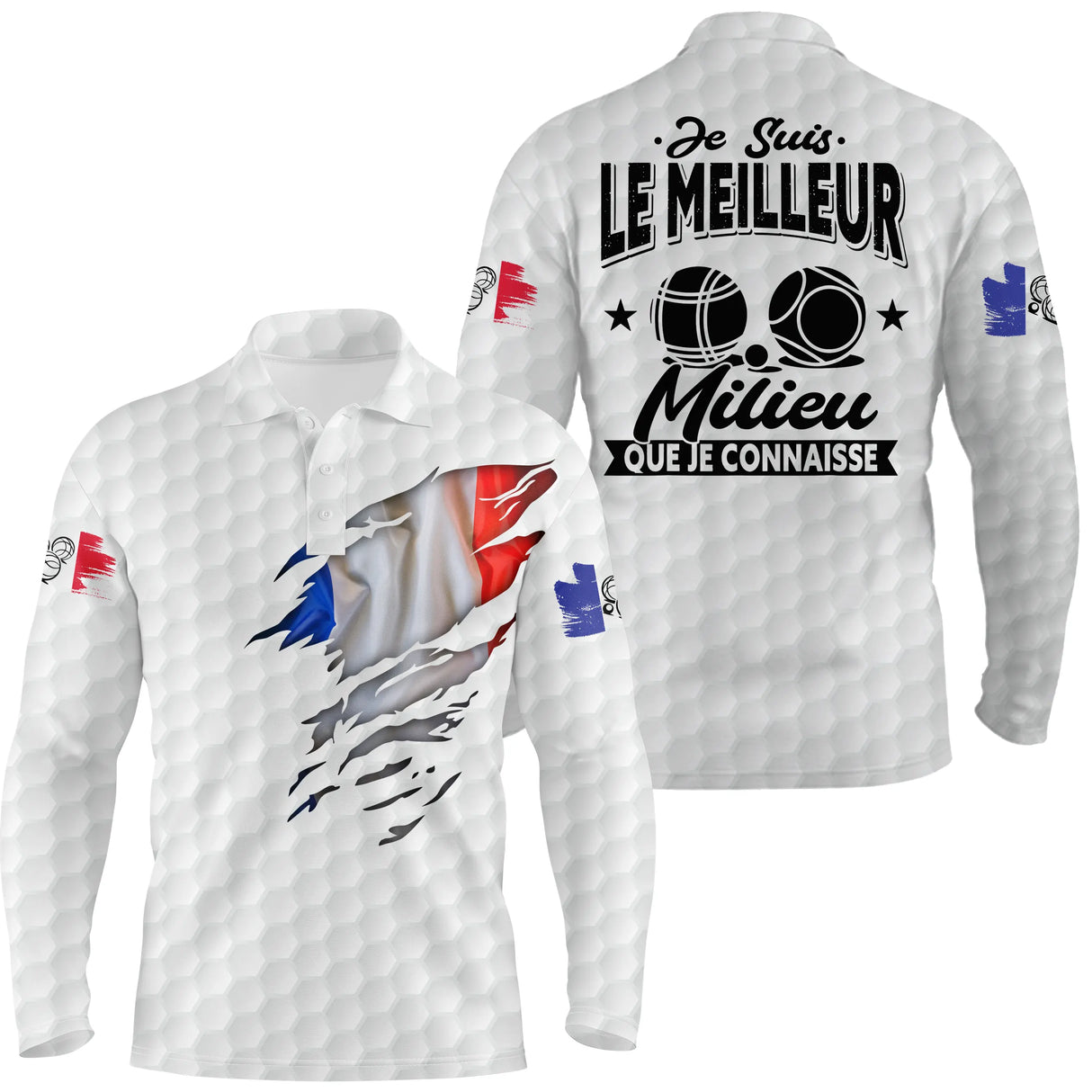Polo pétanque blanc variante design drapeau français déchiré silhouette joueur lancer sportif