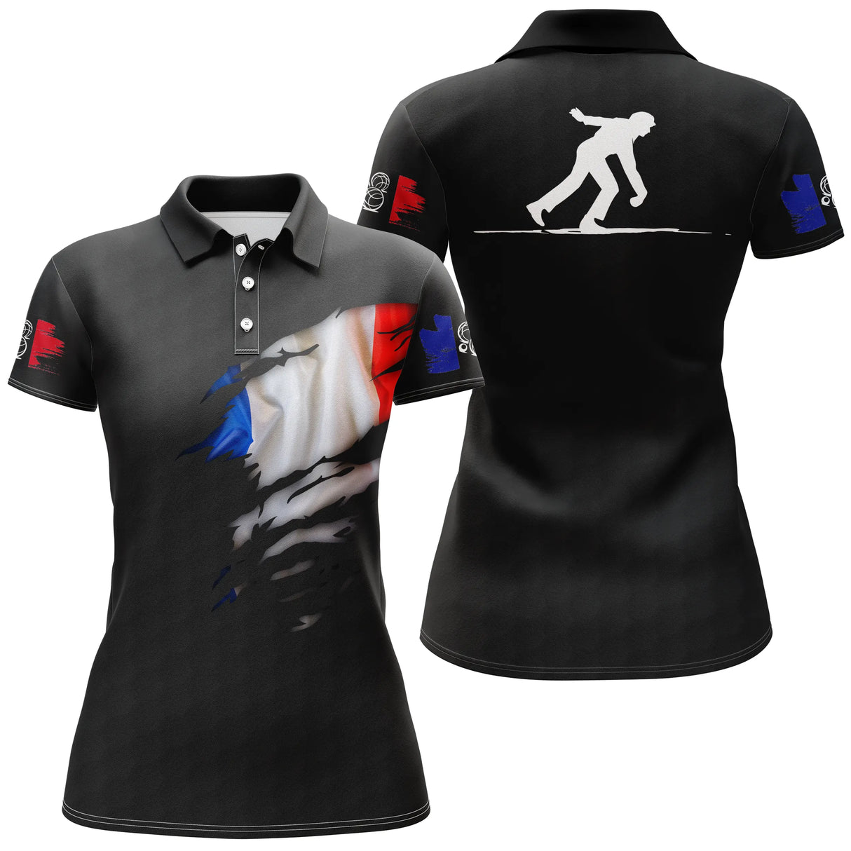Polo pétanque blanc vue manche silhouette joueur en lancer design patriotique tricolore français