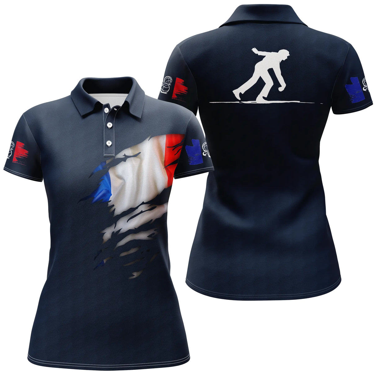 Polo pétanque blanc ensemble vue avant arrière design tricolore français silhouette bouliste