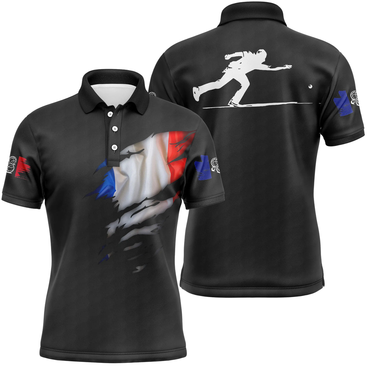 Polo pétanque blanc vue dos drapeau tricolore déchiré silhouette joueur de pétanque design patriotique