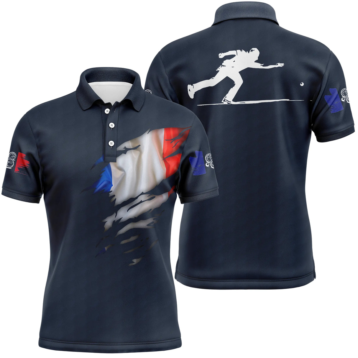 Polo pétanque blanc variante coloris drapeau français déchiré silhouette bouliste séchage rapide