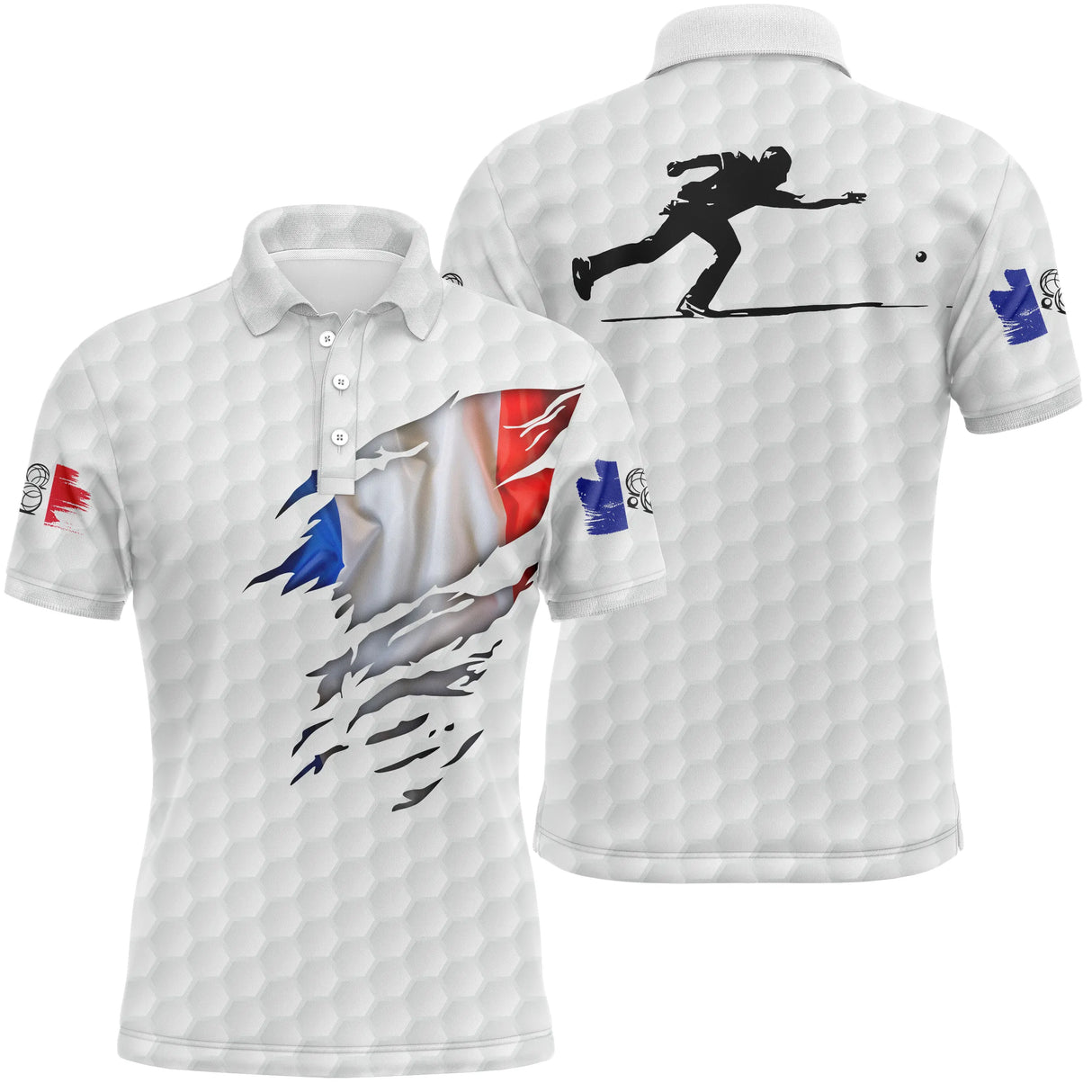 Polo pétanque blanc texture golf-ball drapeau français déchiré silhouette joueur lancer séchage rapide tricolore