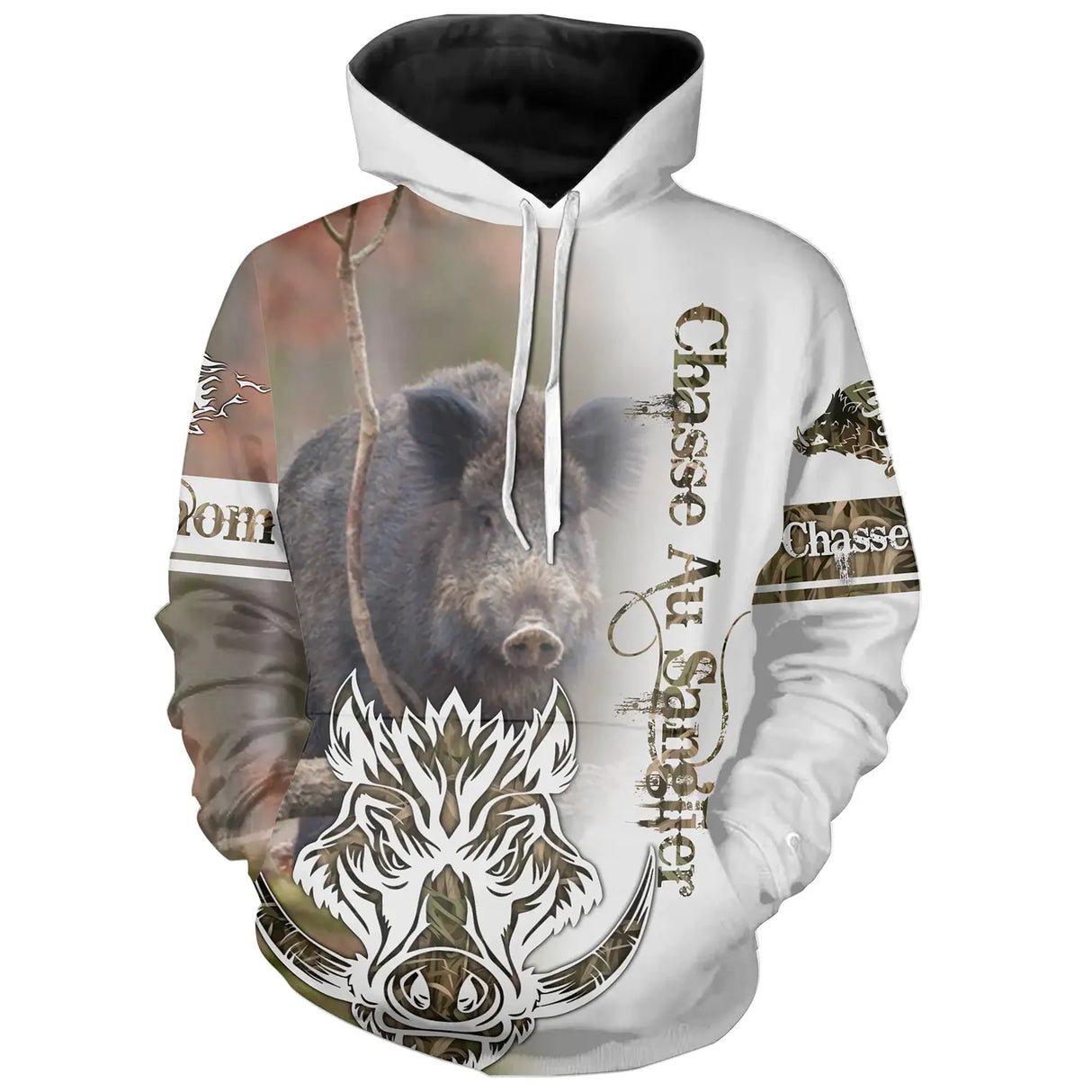 Sweat à capuche chasse sanglier passion camouflage marron, marquage prénom pour chasseur grand gibier