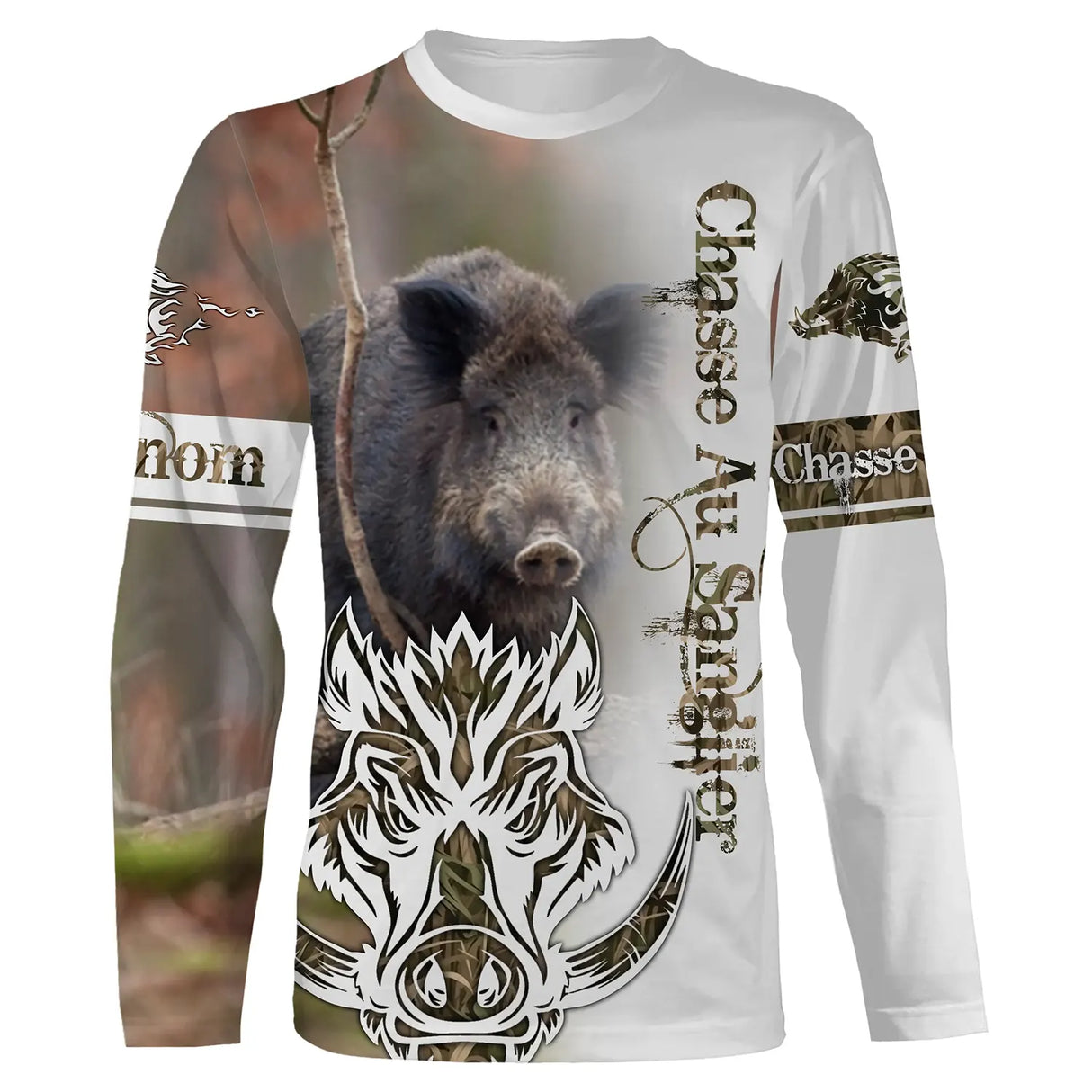 T-shirt manches longues chasse sanglier passion design all-over, coupe unisexe personnalisable