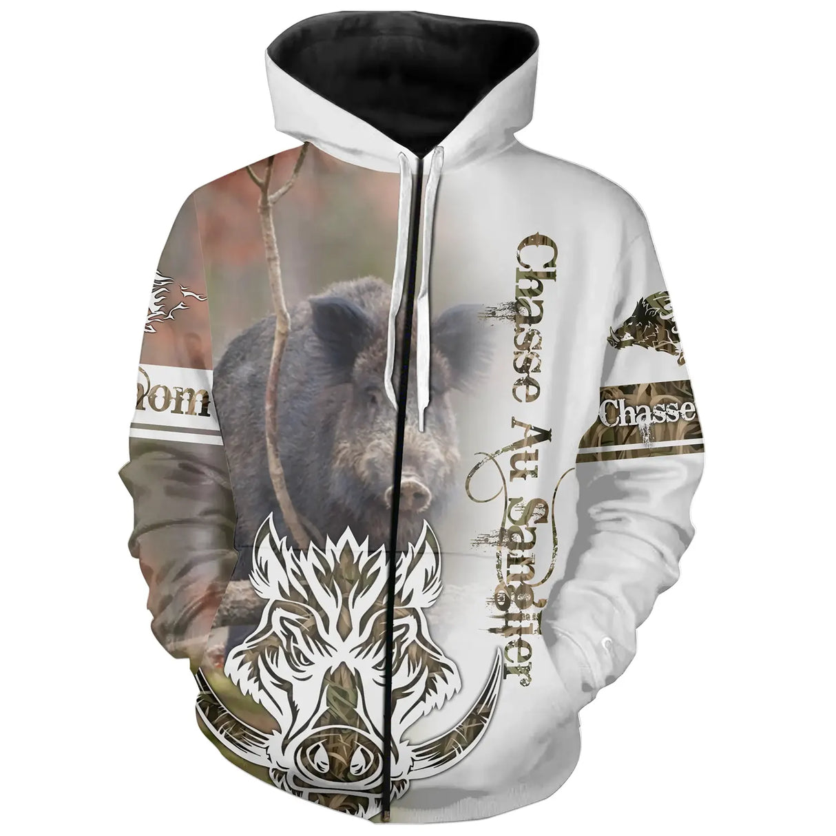 Sweat zippé chasse sanglier passion camouflage beige, tenue cynégétique avec prénom personnalisé