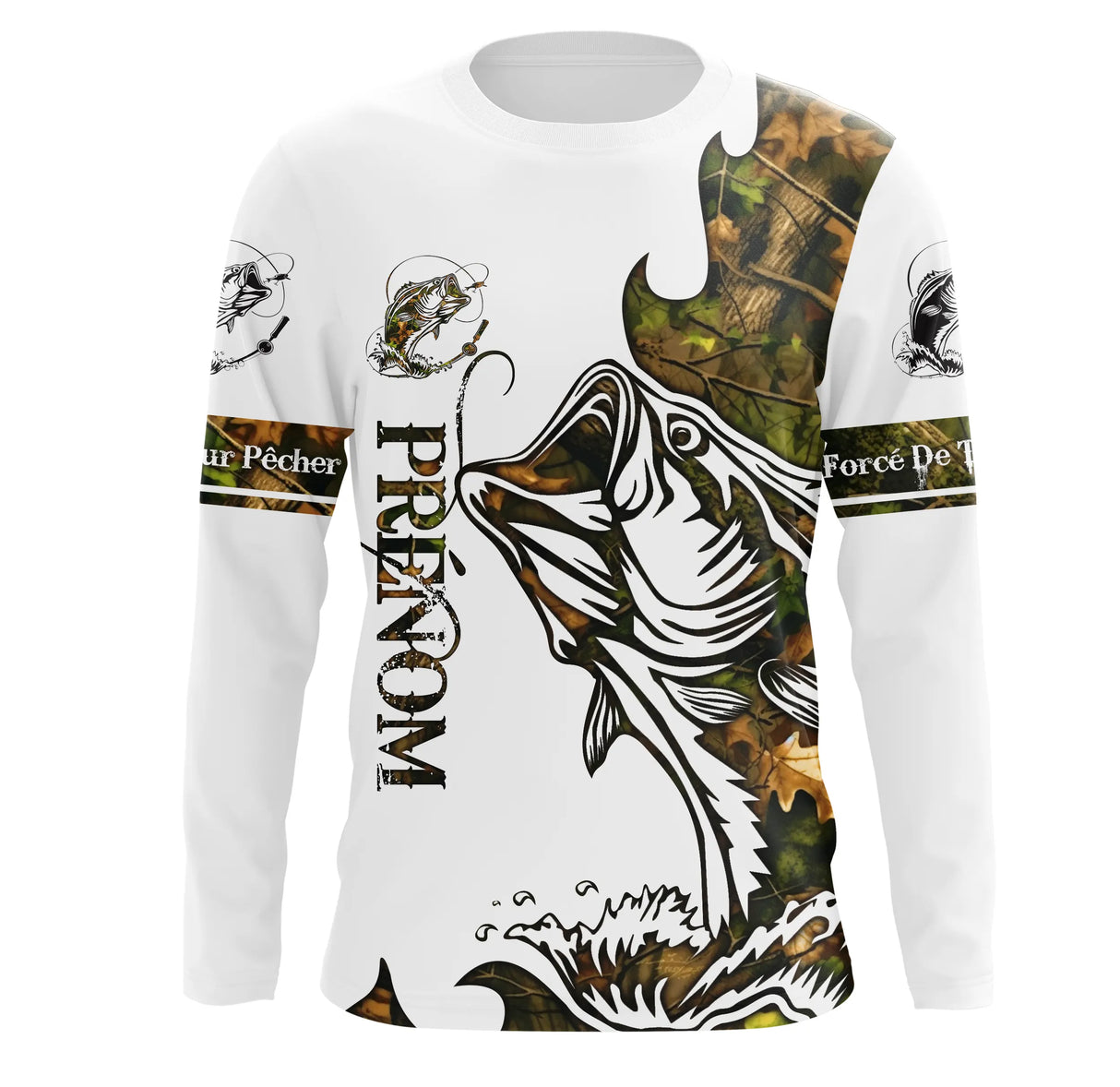 T-shirt manches longues pêche bar tatouage design all-over, coupe unisexe personnalisable au prénom