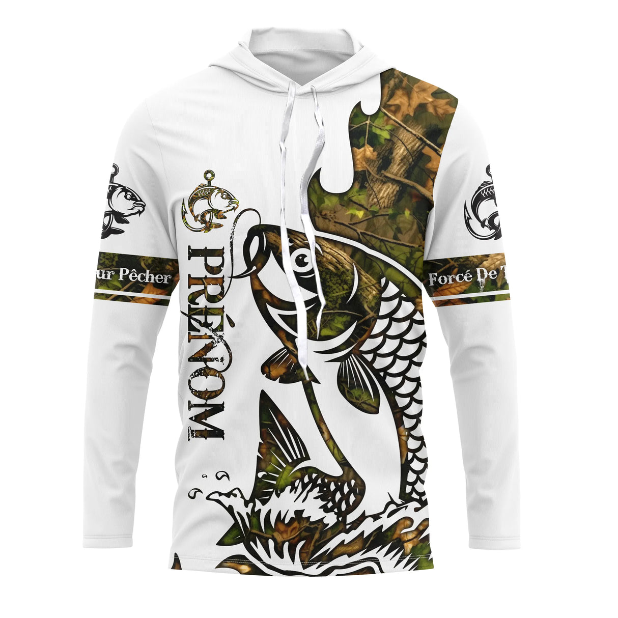 T-shirt anti-UV pêche carpe blanc camouflage avec carpe tatouage en sketch et zone prénom imprimé central