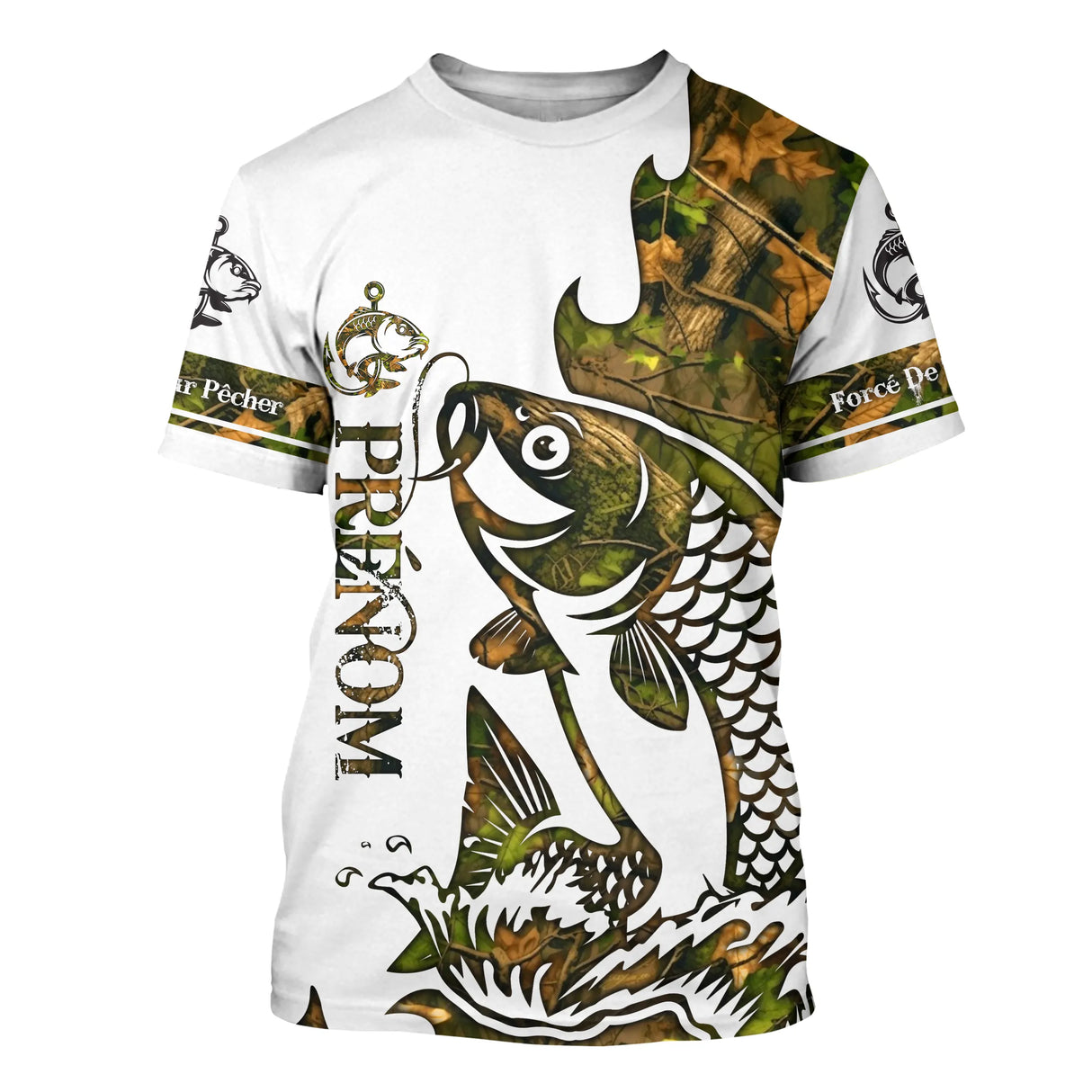 Sweat à capuche pêche carpe tatouage blanc camouflage, marquage prénom pour carpiste en eau douce