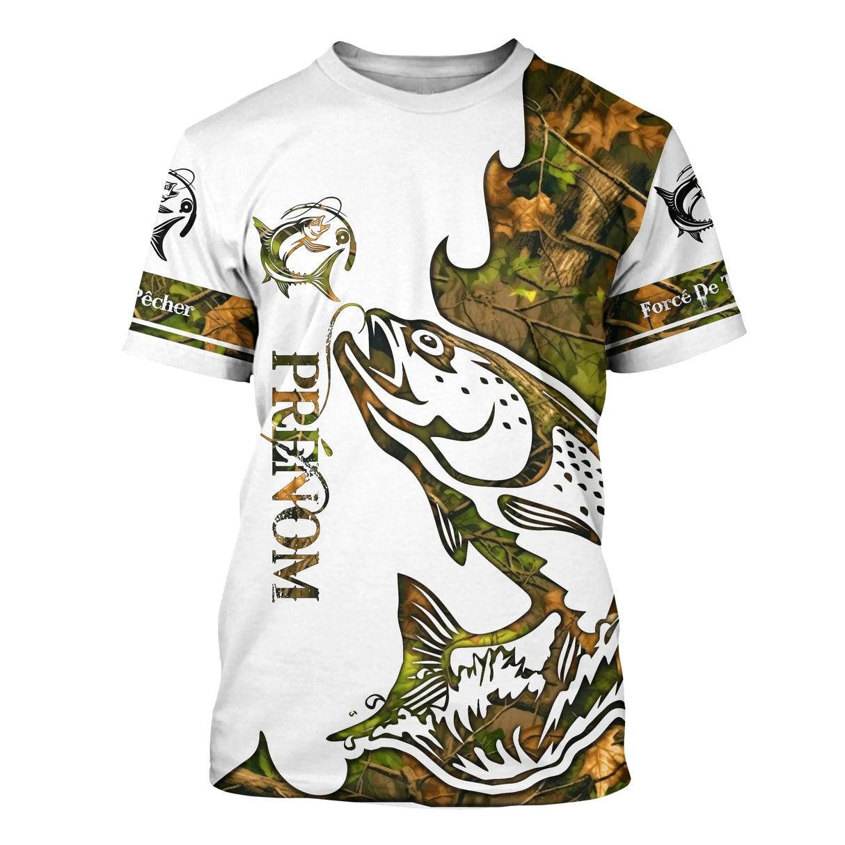 Sweat à capuche pêche saumon tatouage blanc camouflage, marquage prénom pour pêcheur salmonidés