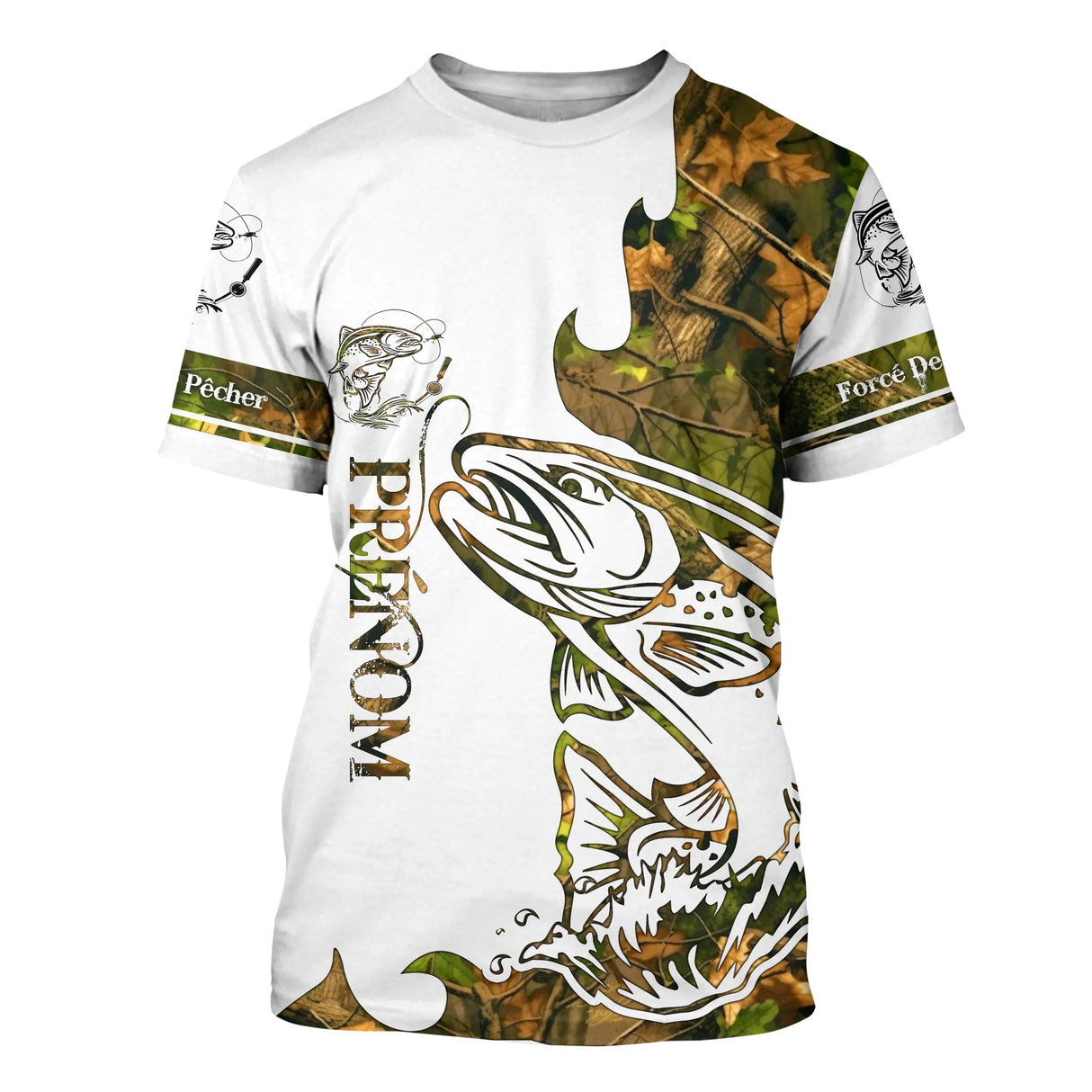 Sweat à capuche pêche truite tatouage blanc camouflage, marquage prénom pour moucheur en torrent