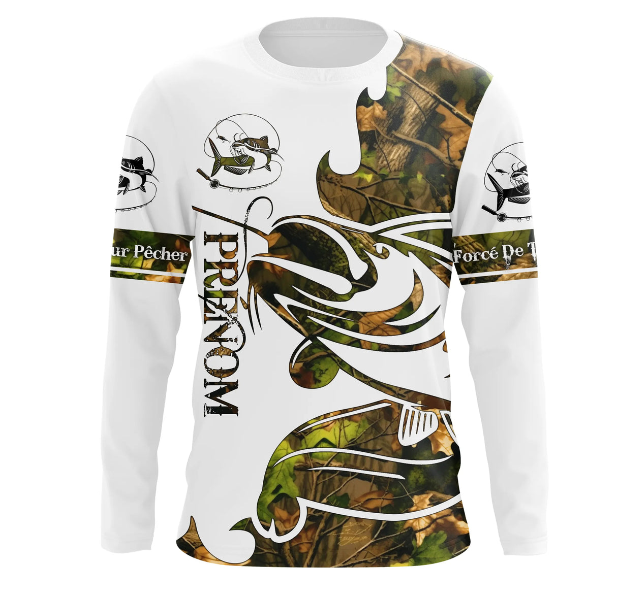 T-shirt manches longues pêche silure tatouage design all-over, coupe unisexe personnalisable