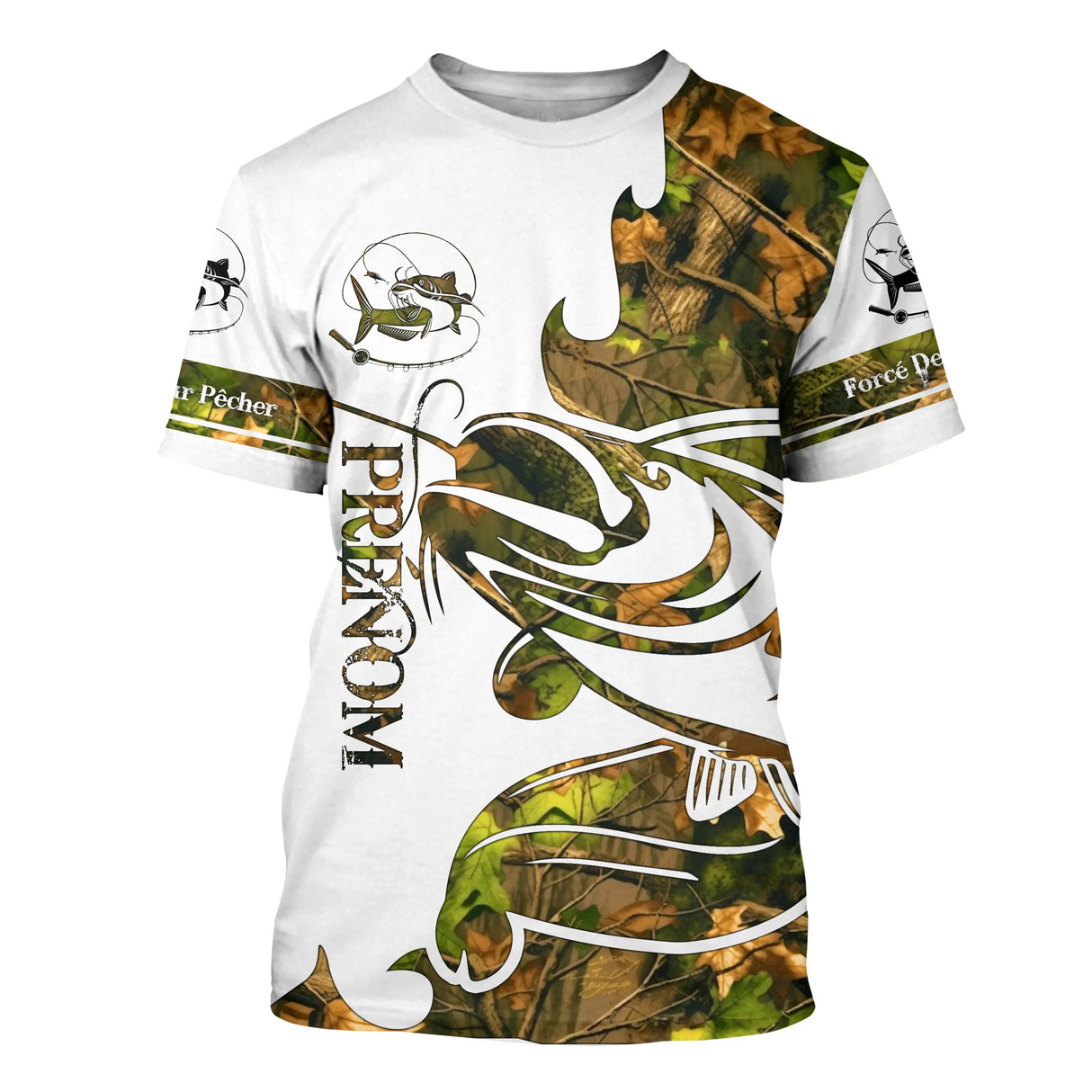 Sweat à capuche pêche silure tatouage blanc camouflage, marquage prénom pour pêcheur carnassier géant