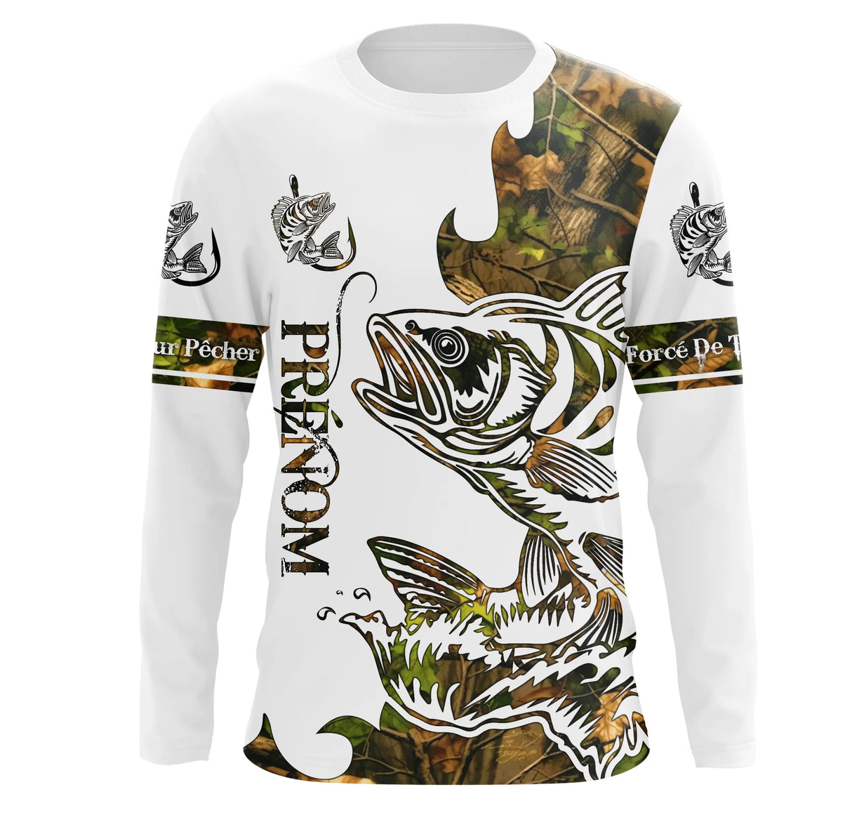 T-shirt manches longues pêche perche tatouage design all-over, coupe unisexe personnalisable