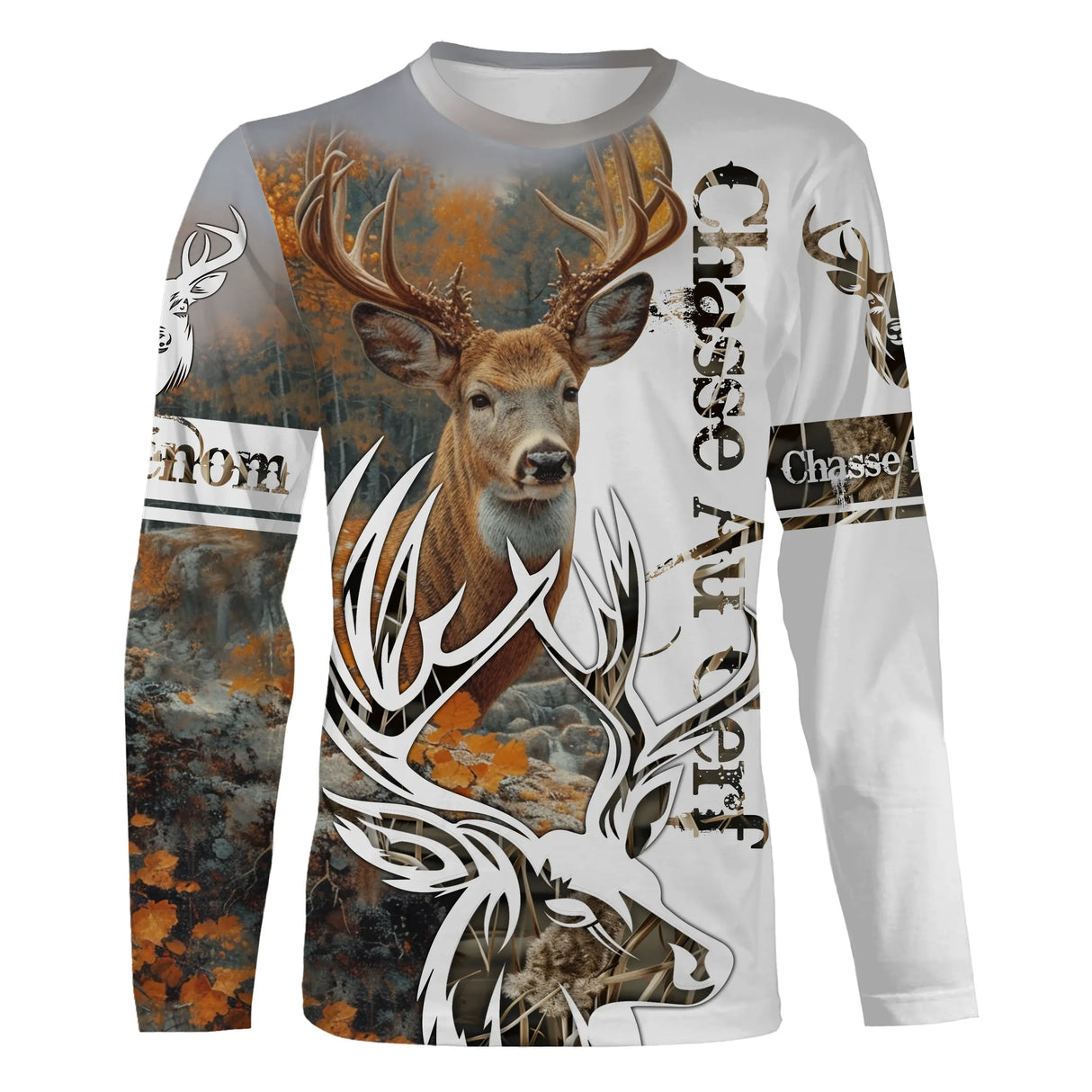 T-shirt manches longues chasse cerf passion design all-over, coupe unisexe personnalisable au prénom