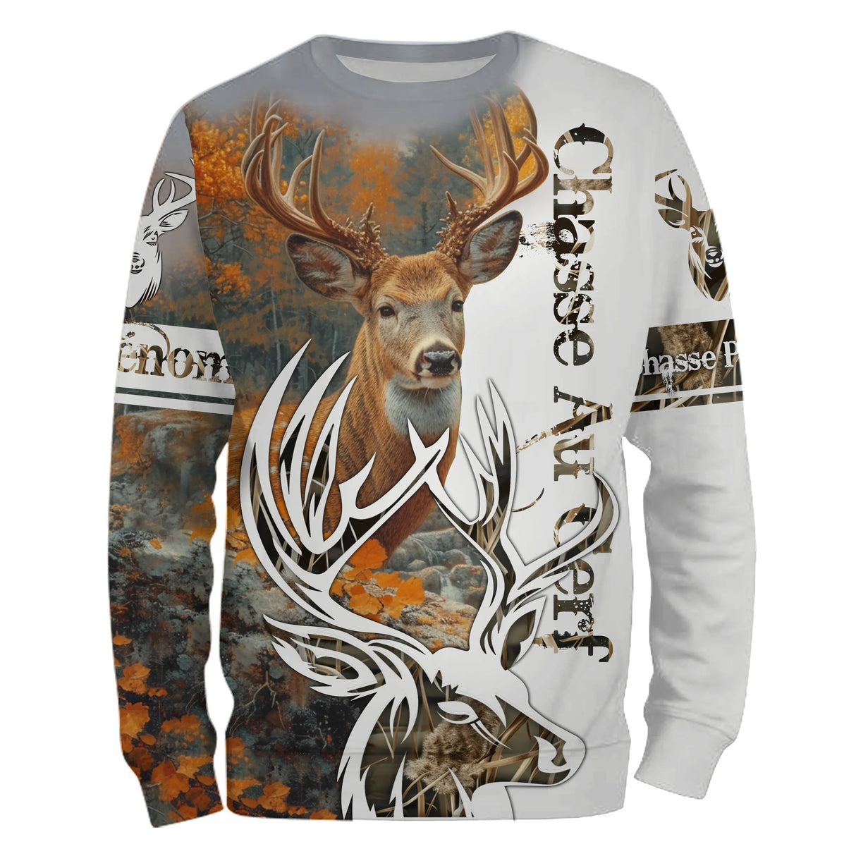 Sweat à capuche chasse cerf passion camouflage marron, marquage prénom pour chasseur grande faune