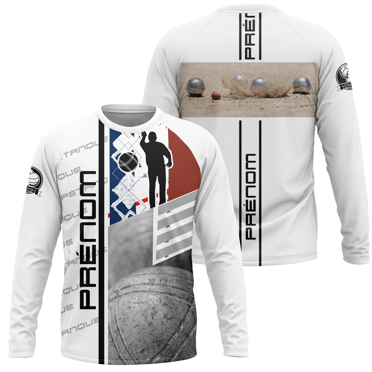 T-shirt pétanque blanc all over silhouette joueur lancer drapeau français photo boules PRÉNOM personnalisé