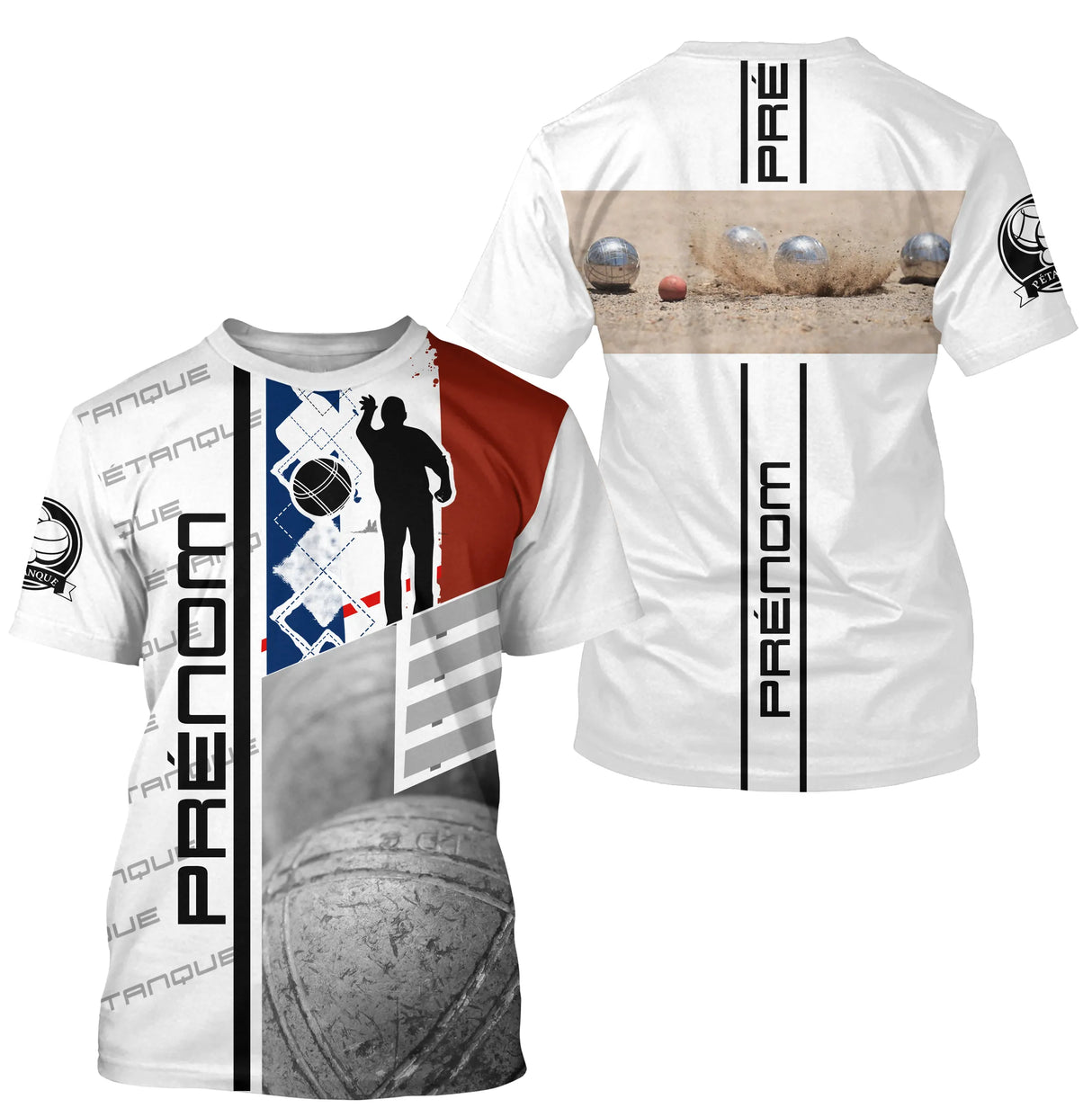 Sweat pétanque blanc all over joueur silhouette drapeau français photo boules coton personnalisable