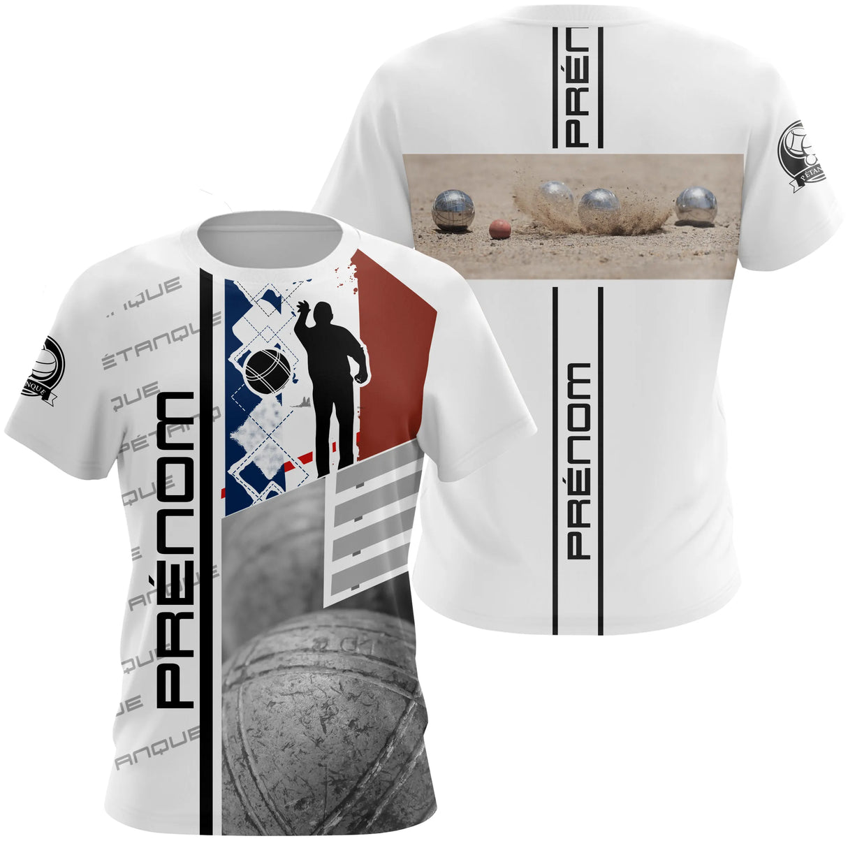 T-shirt pétanque blanc vue dos silhouette joueur drapeau tricolore boules photo réaliste 100 coton