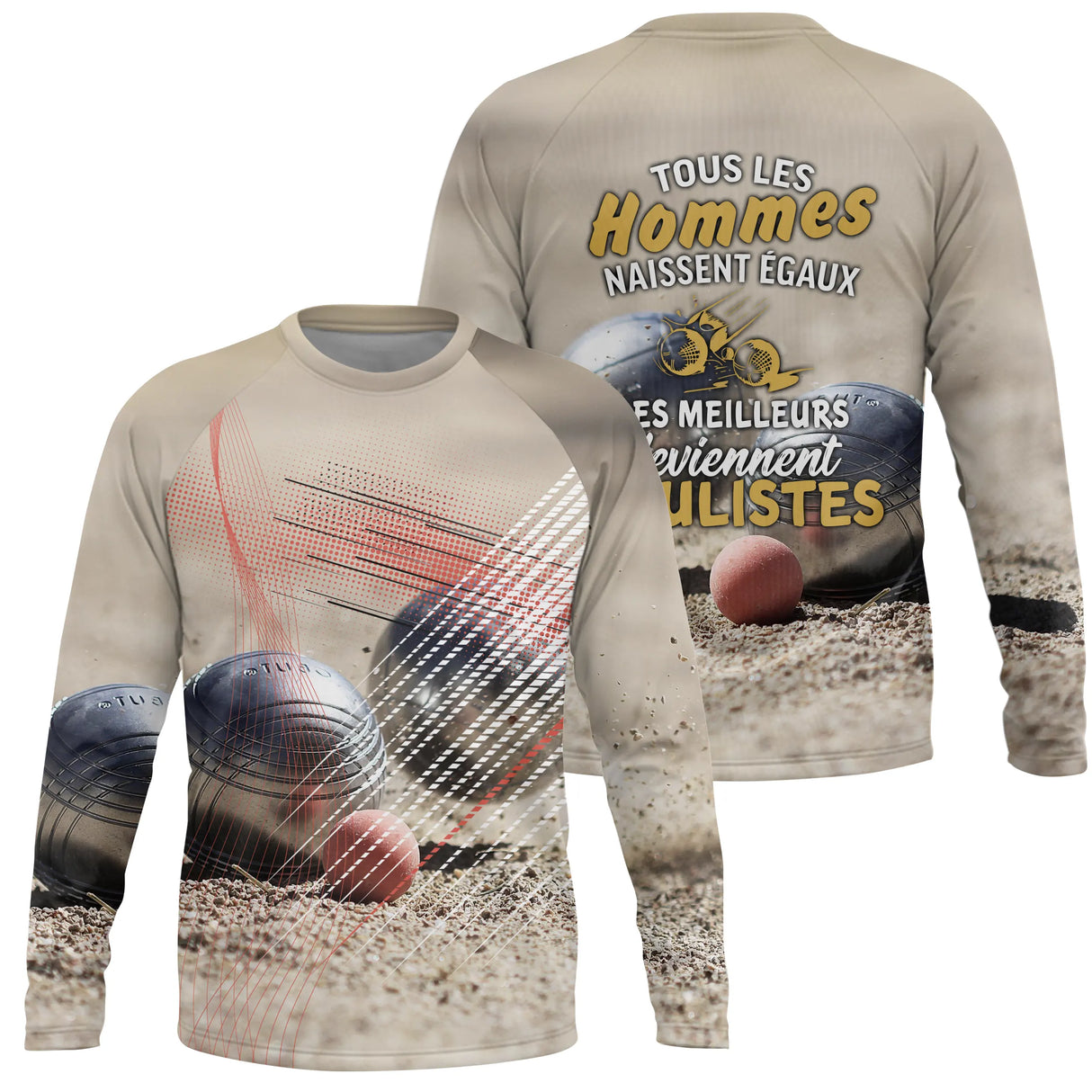 Sweat pétanque sable vue dos design boules en poussière dorée citation bouliste coton sublimation