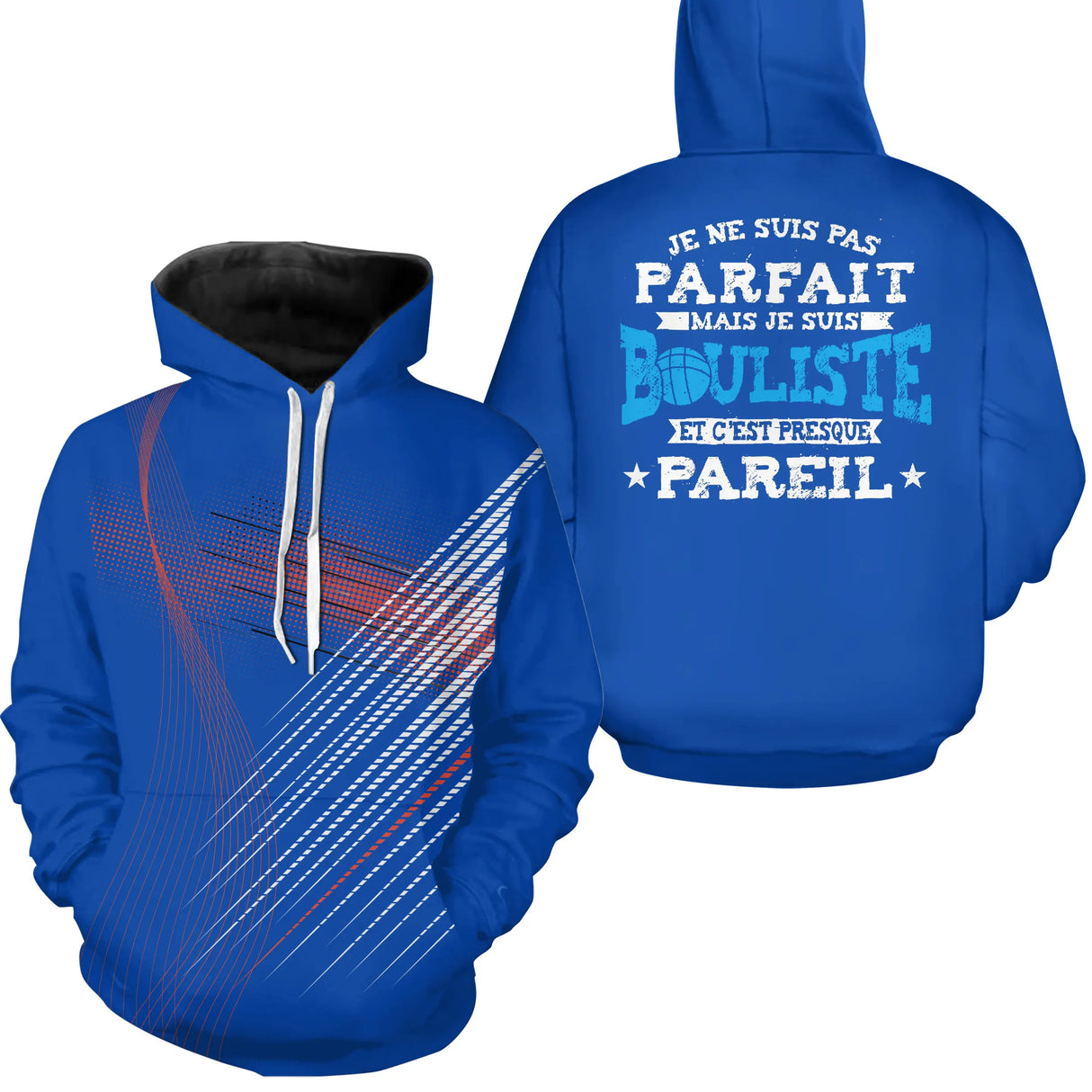Sweat bouliste bleu vue dos design rayures dynamiques message bouliste presque pareil coton sublimation