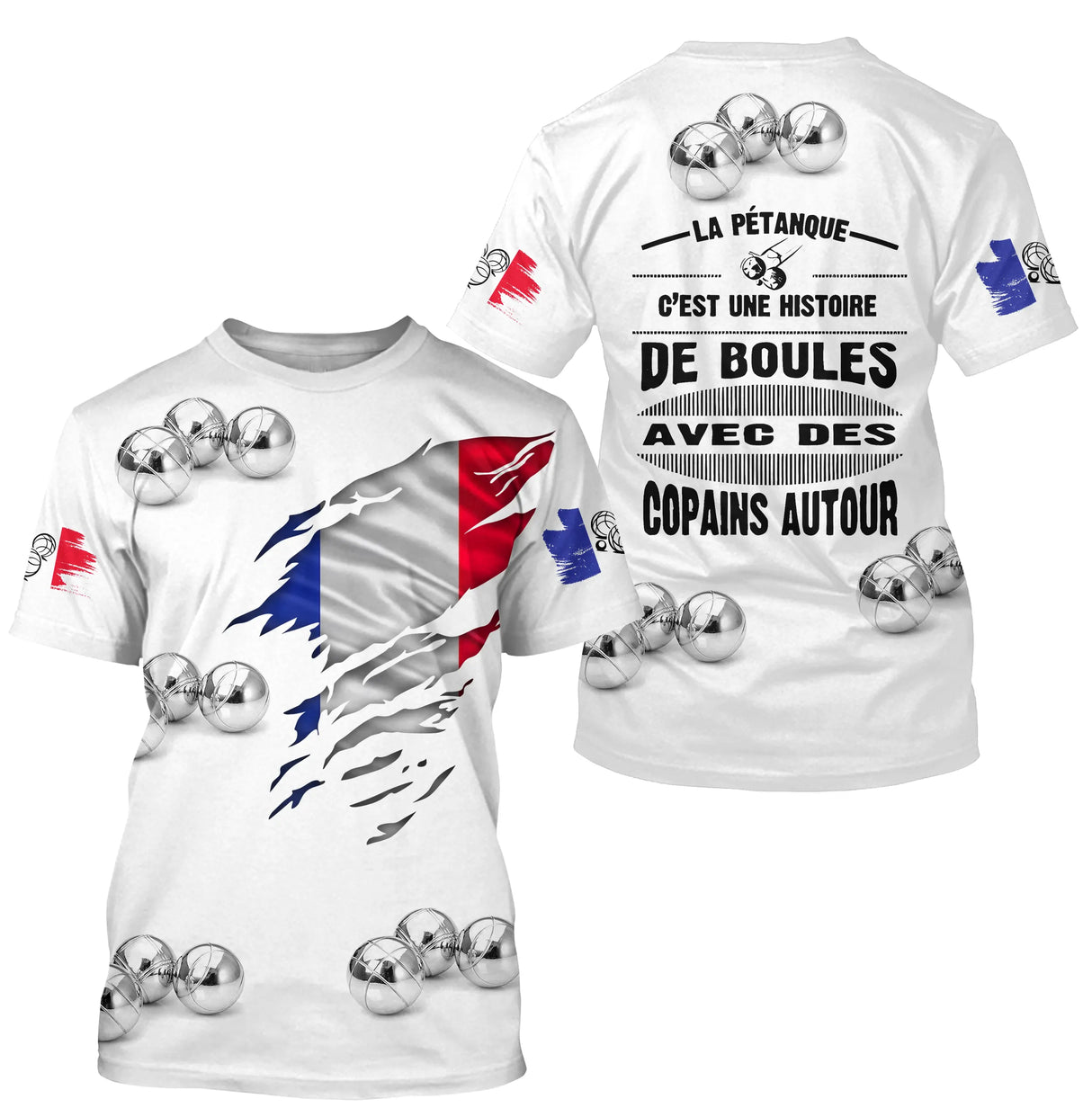 T-shirt pétanque blanc all over photo réaliste boules drapeau français déchiré message convivial PRÉNOM