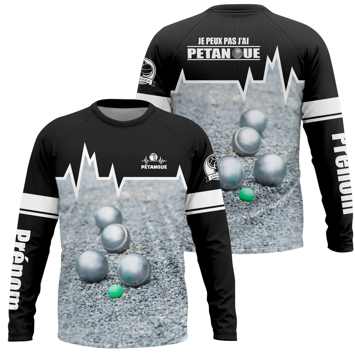 Sweat pétanque noir all over boules photo réaliste j'peux pas j'ai pétanque coton personnalisable