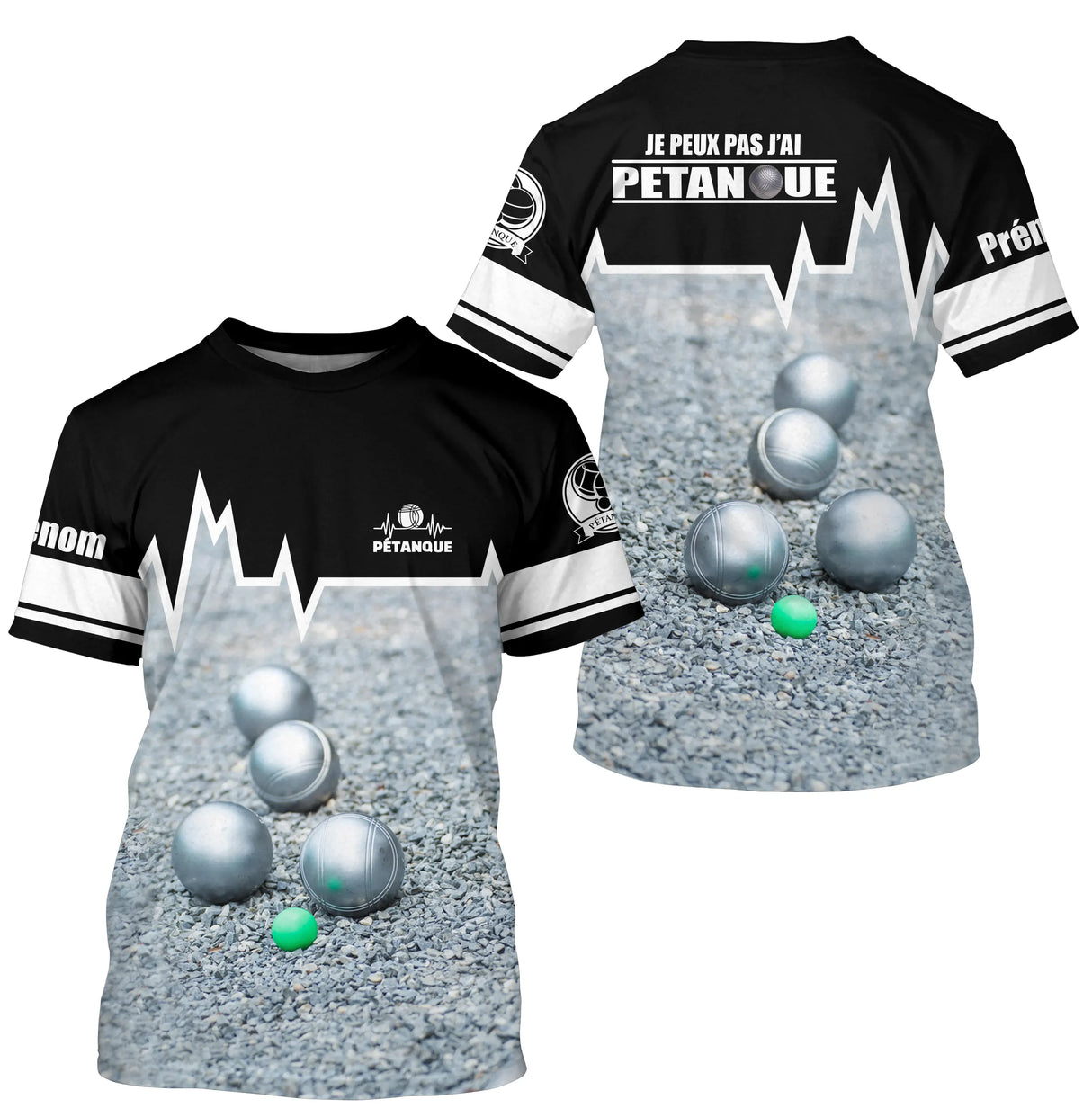T-shirt pétanque noir all over photo réaliste boules sol gris message j'peux pas j'ai pétanque PRÉNOM