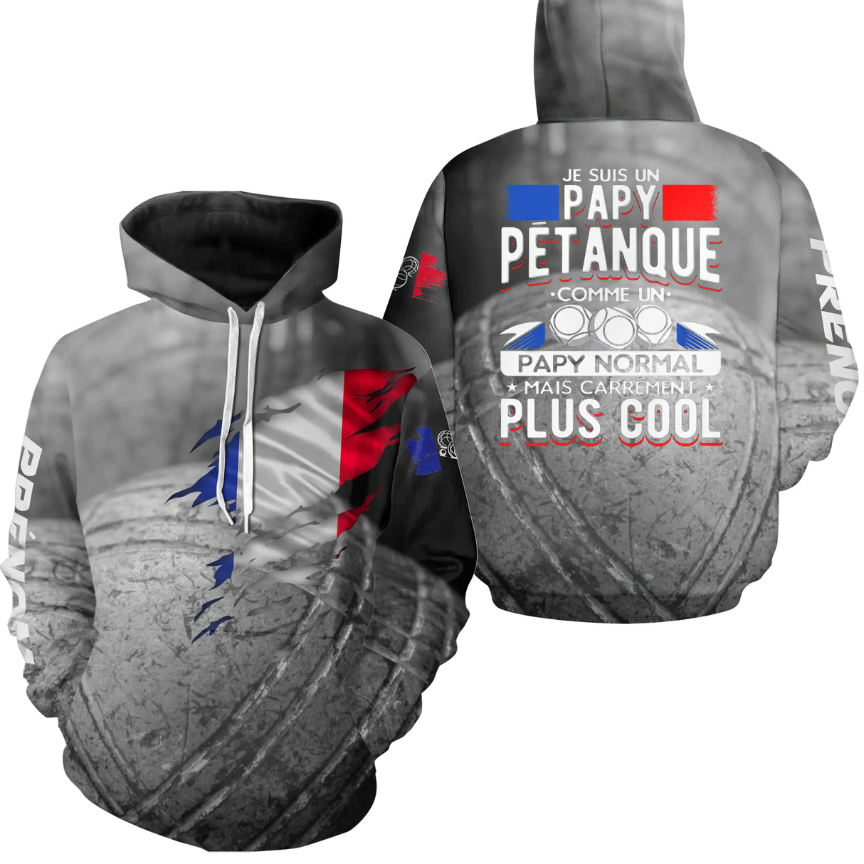 Sweat papy pétanque gris béton drapeau français message papy comme un papy normal mais cool