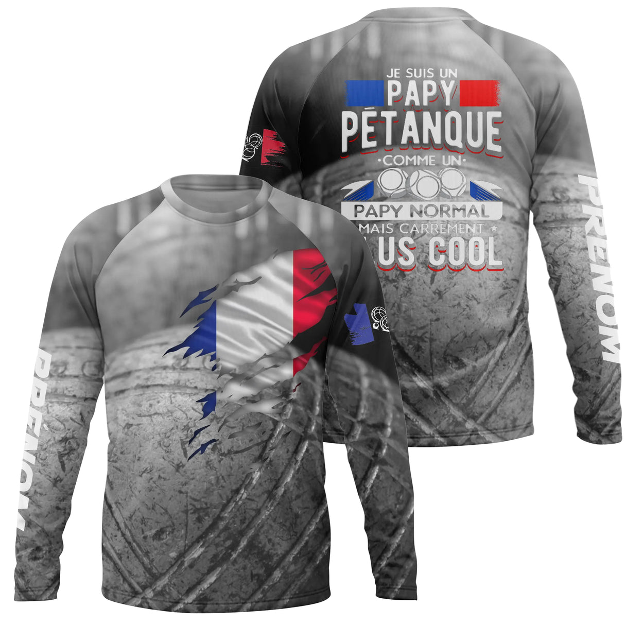 T-shirt papy pétanque vue dos gris béton design drapeau français boules sublimation 100 coton