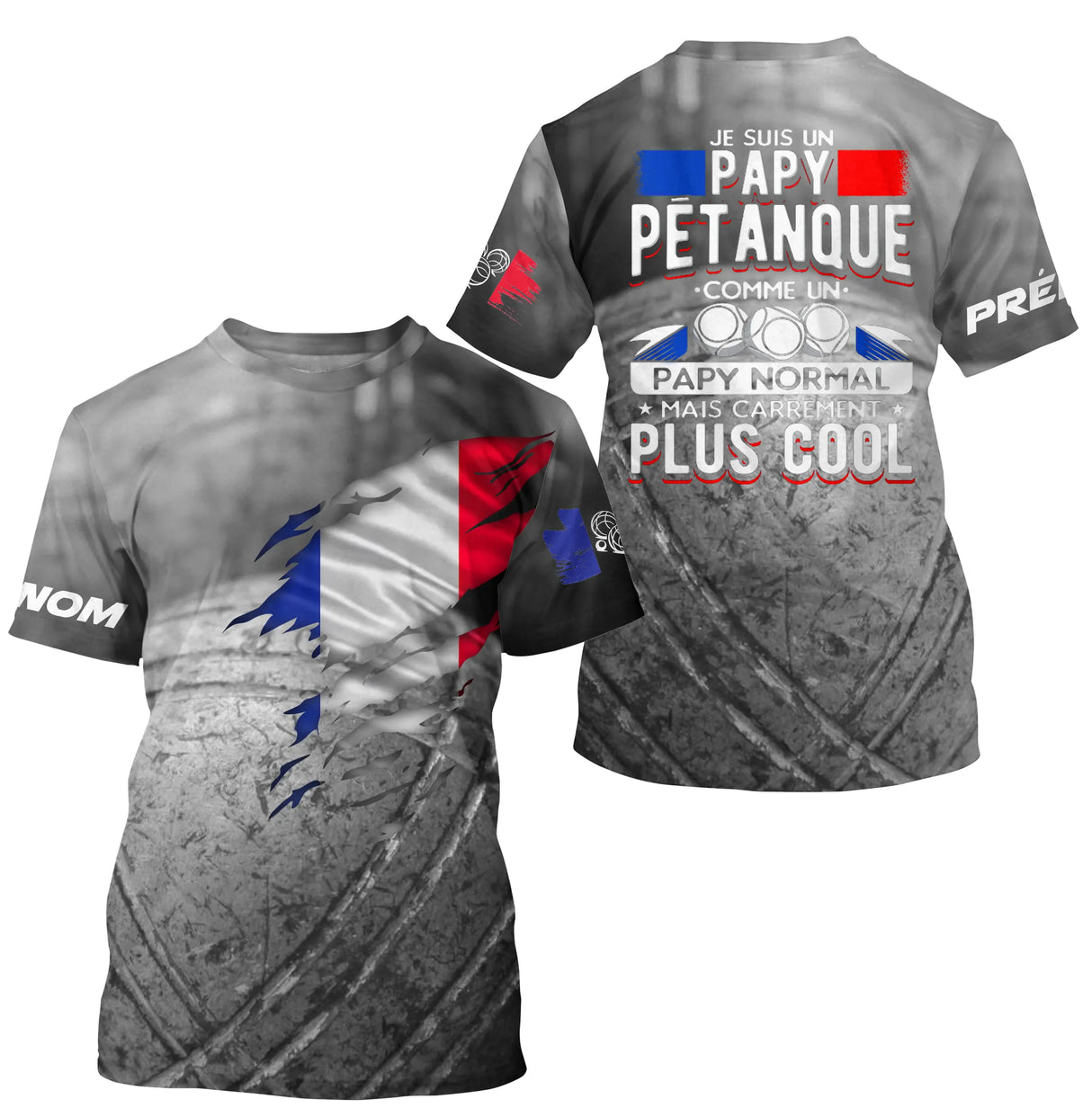 T-shirt papy pétanque gris béton drapeau français déchiré illustration boules message humoristique manche personnalisable