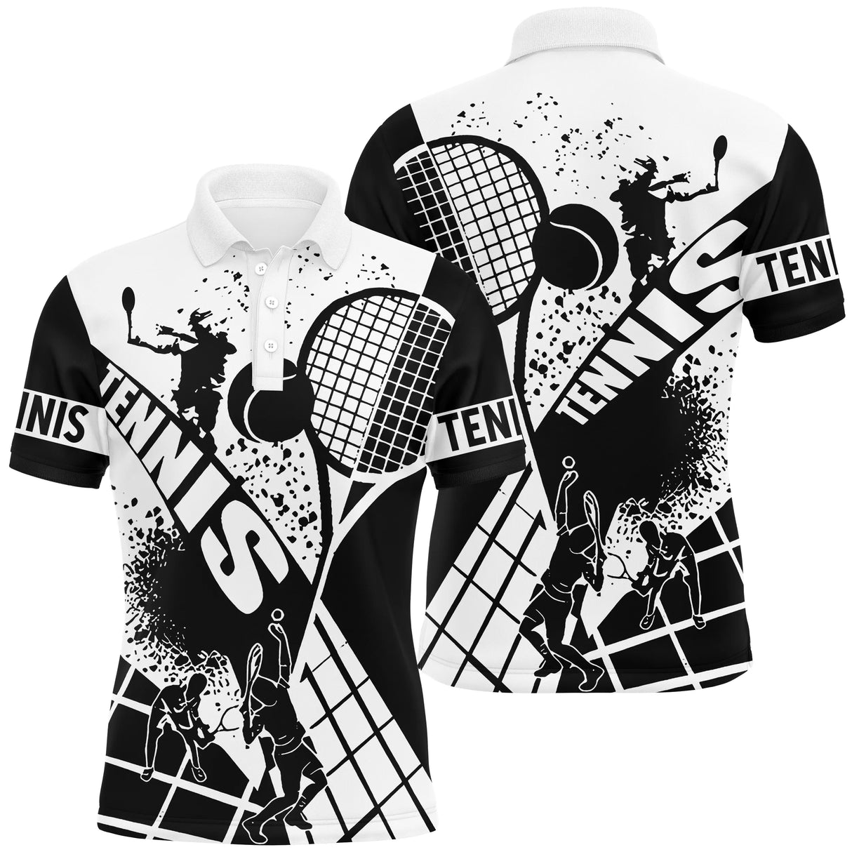 Polo tennis noir et blanc raquettes croisées joueurs silhouettes inscription TENNIS texte personnalisable