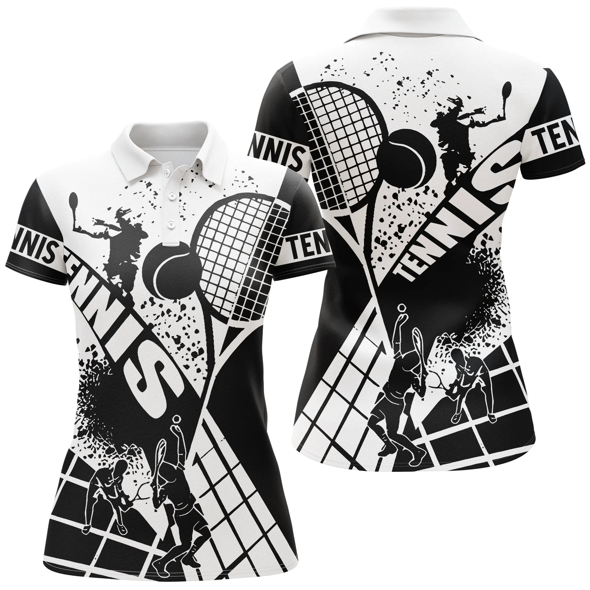 Polo tennis noir et blanc vue dos design raquettes contrasté sublimation intégrale personnalisable