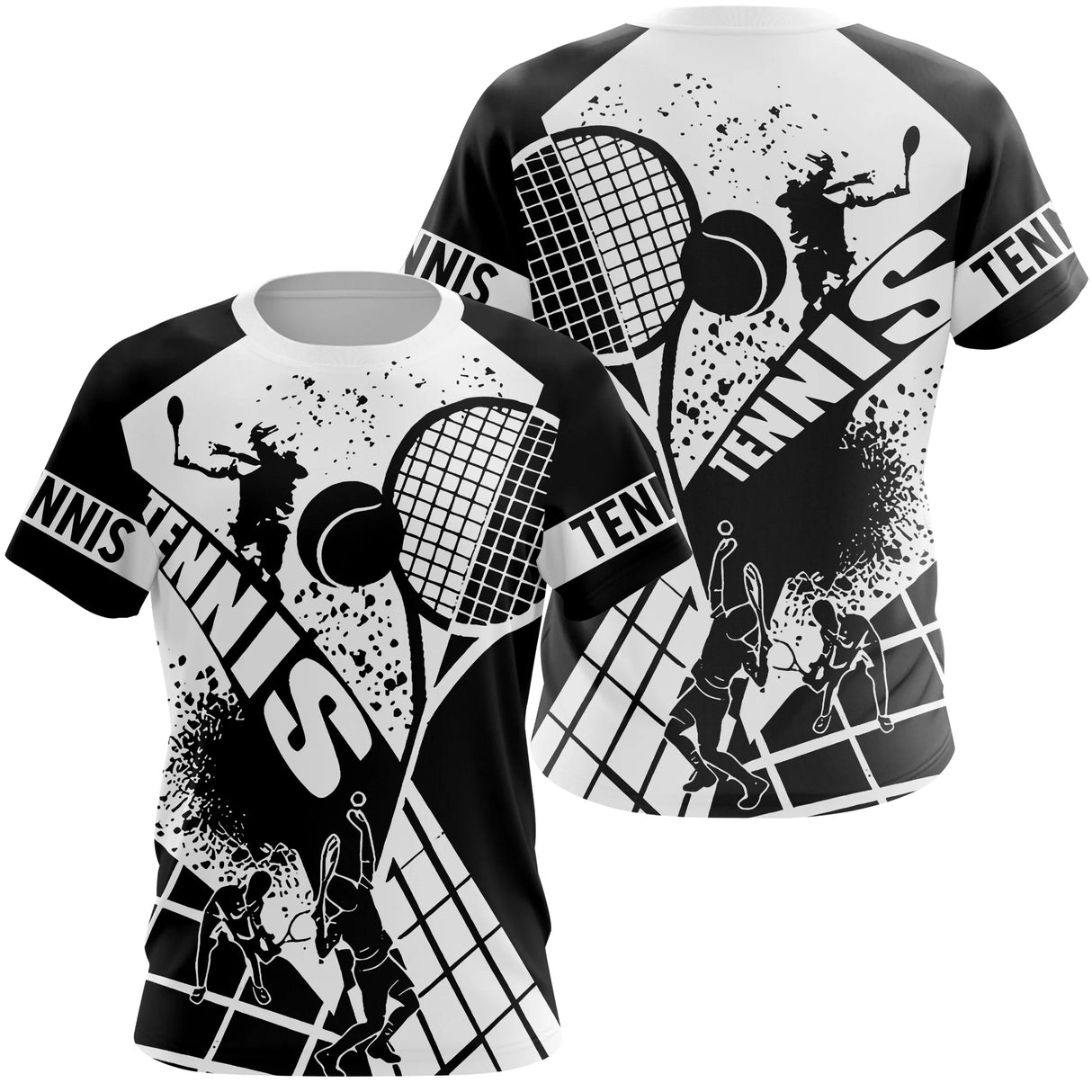 T-shirt tennis noir et blanc vue dos raquettes croisées design contrasté personnalisable texte manche