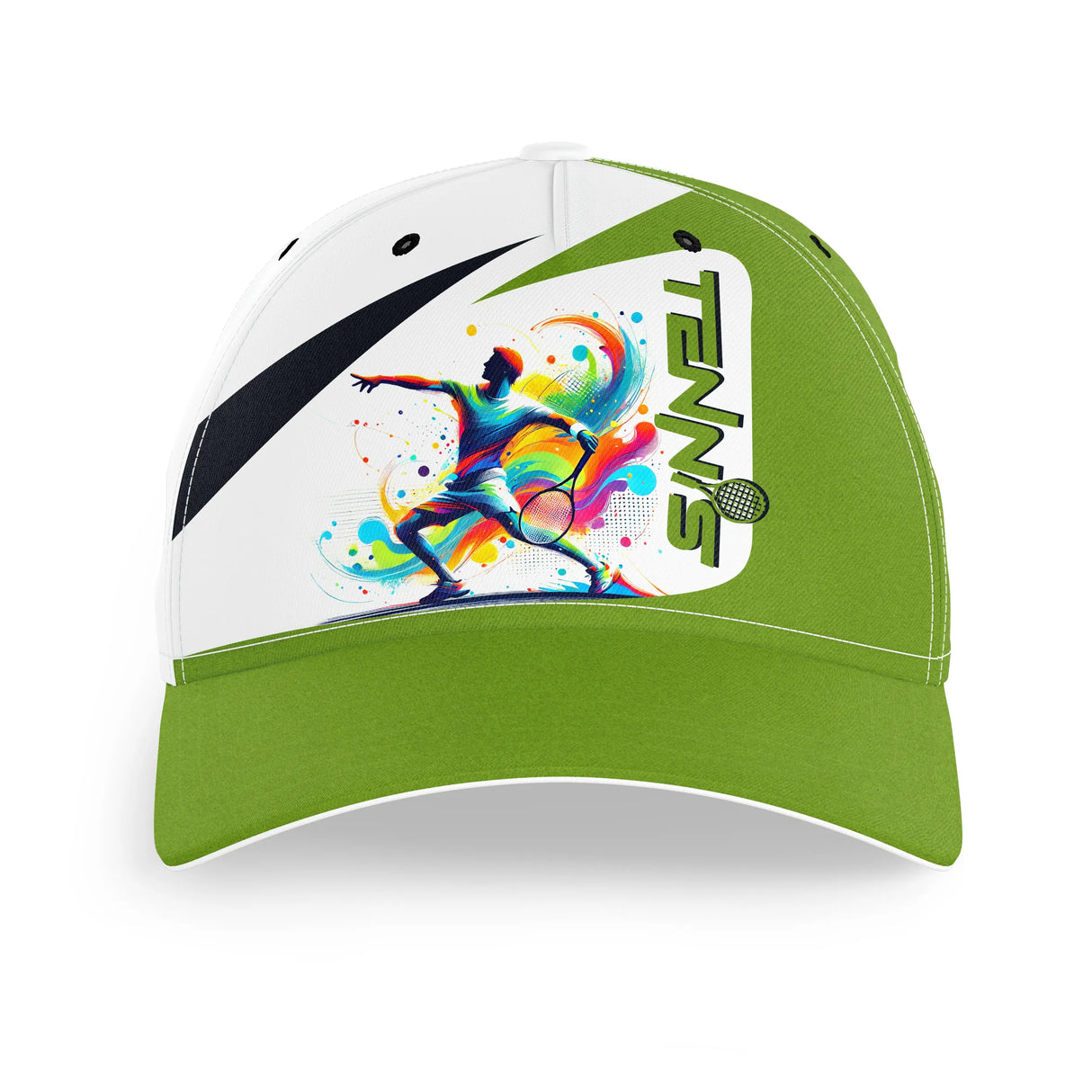 Casquette tennis multicolore blanc et vert chartreuse joueur splash coloré inscription TENNIS face