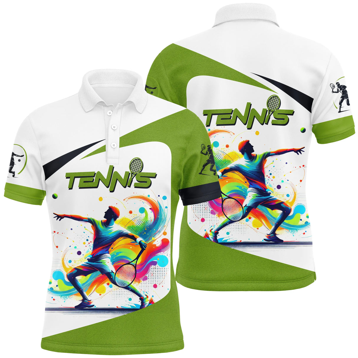 Polo tennis multicolore blanc et vert chartreuse joueur splash coloré inscription TENNIS face