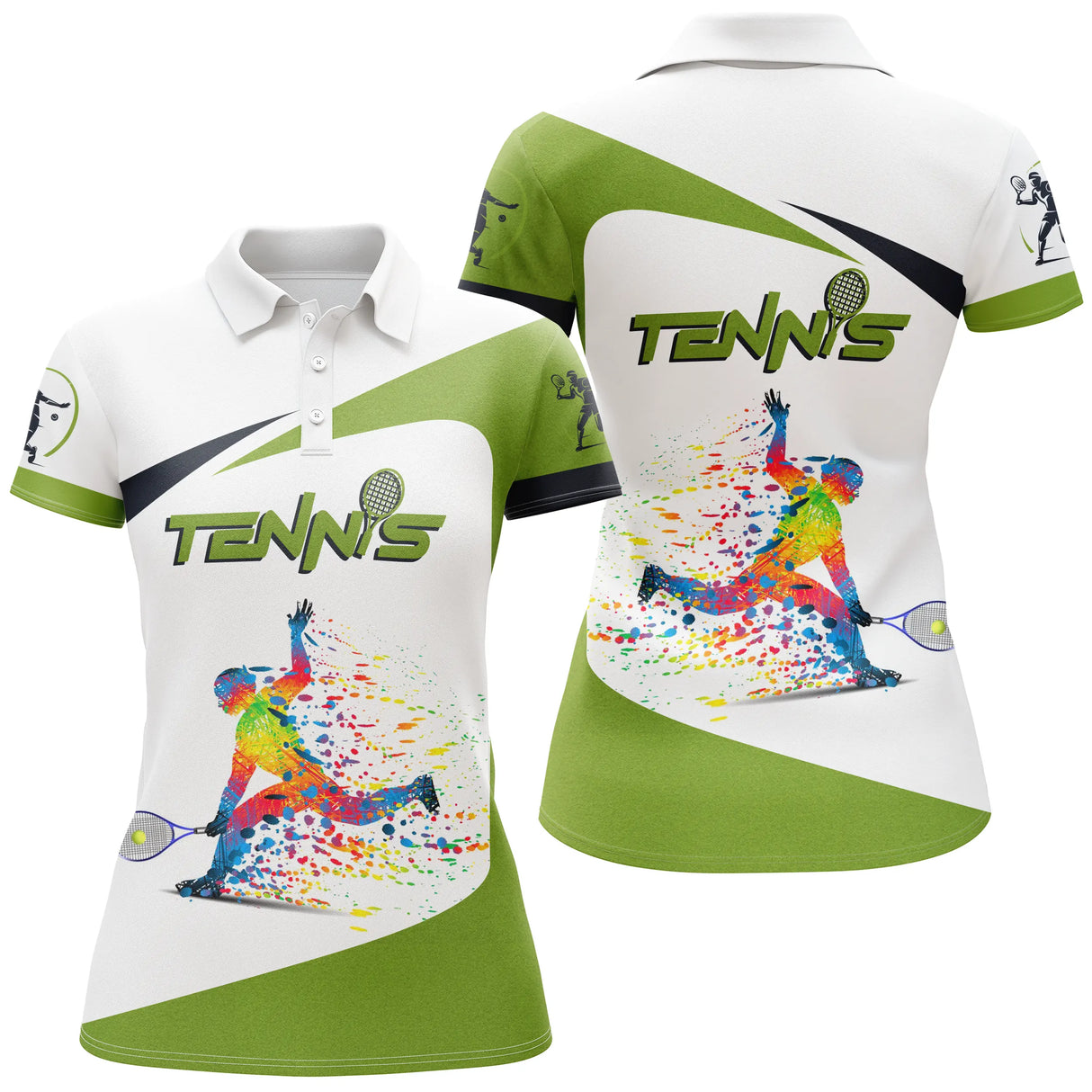 Polo tennis multicolore blanc et vert chartreuse vue dos design splash sublimation intégrale