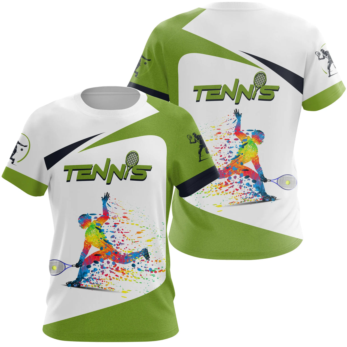 T-shirt tennis multicolore blanc et vert chartreuse vue dos joueur splash design graphique